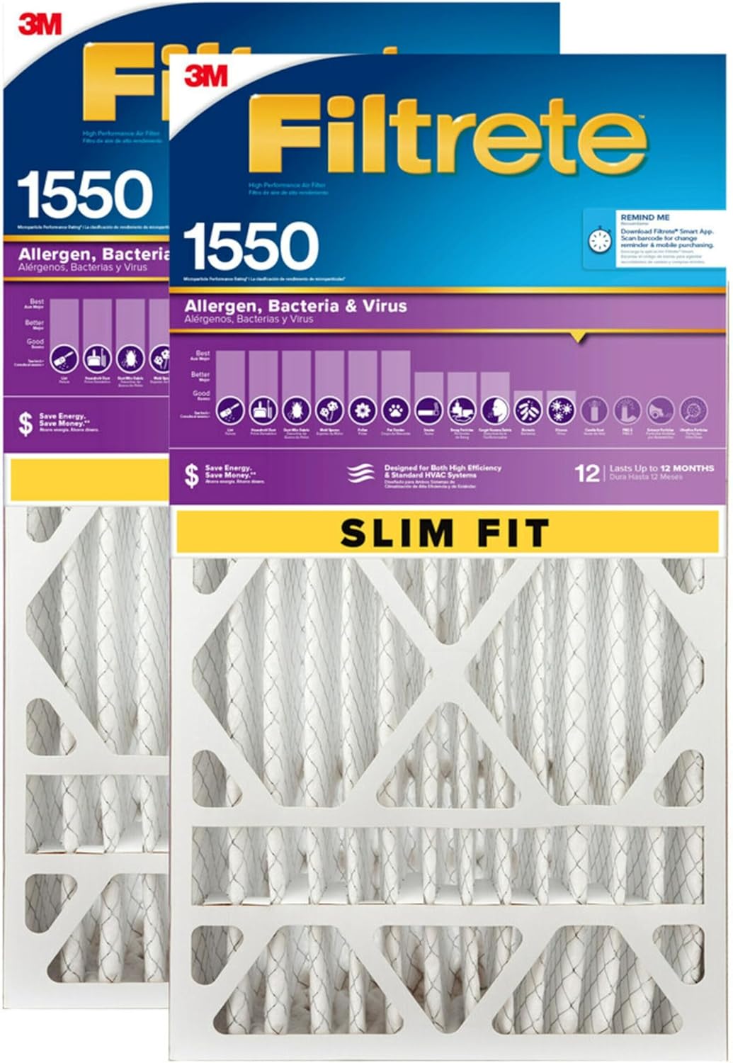 Filtrete 16x25x4 Air Filter MPR 1550 DP MERV 12, Healthy Living Ultra Allergen Deep Pleat, 2-Pack Slim Fit (3.75" width), Fits Lennox & Honeywell Devices (exact dimensions 15.5 x 24.5 x 3.75)