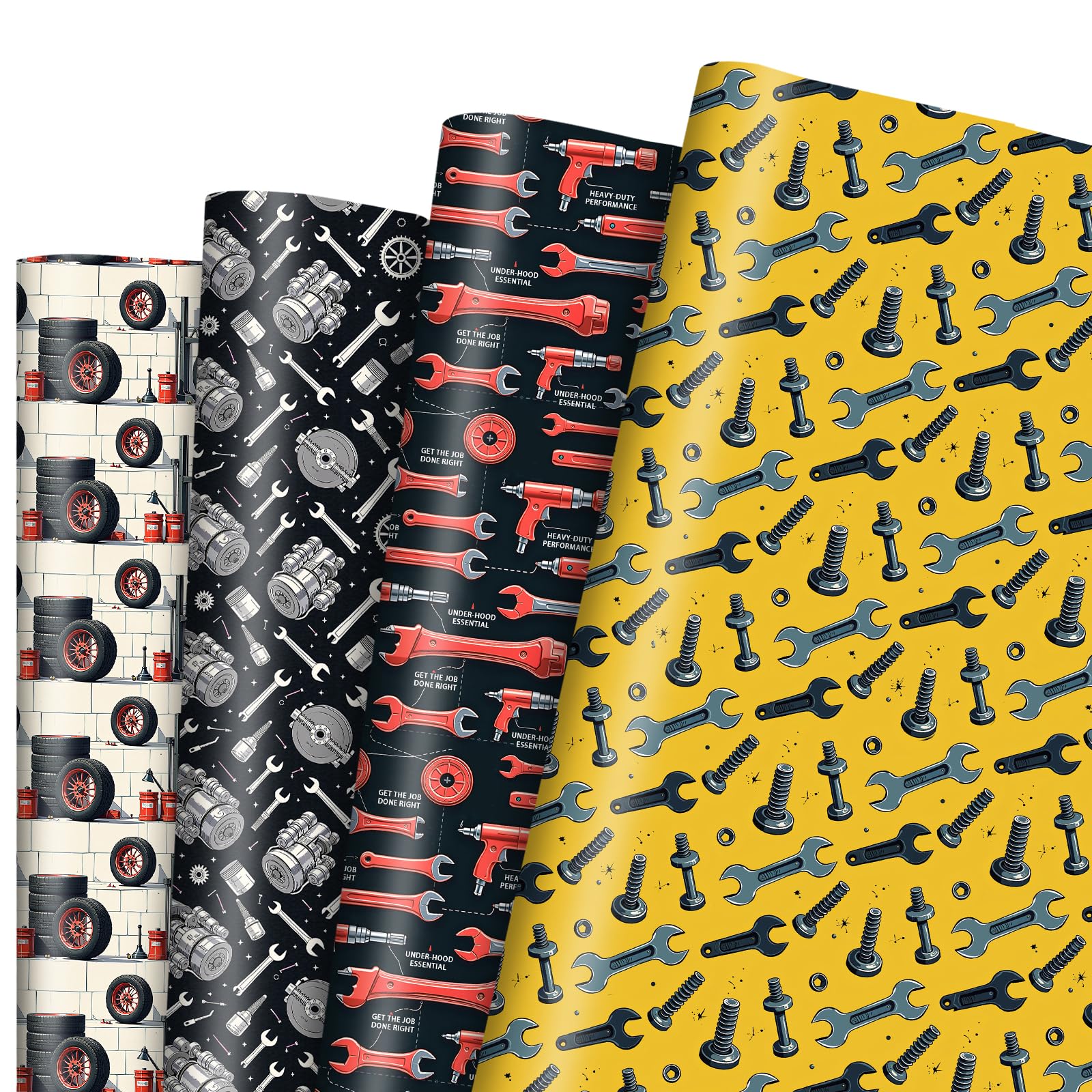 Pineraap Tools Wrapping Paper 12 Sheets Mechanic-Themed Designs Gift Wrap for Car Enthusiasts,Mechanics,DIYers,20"Γ28"