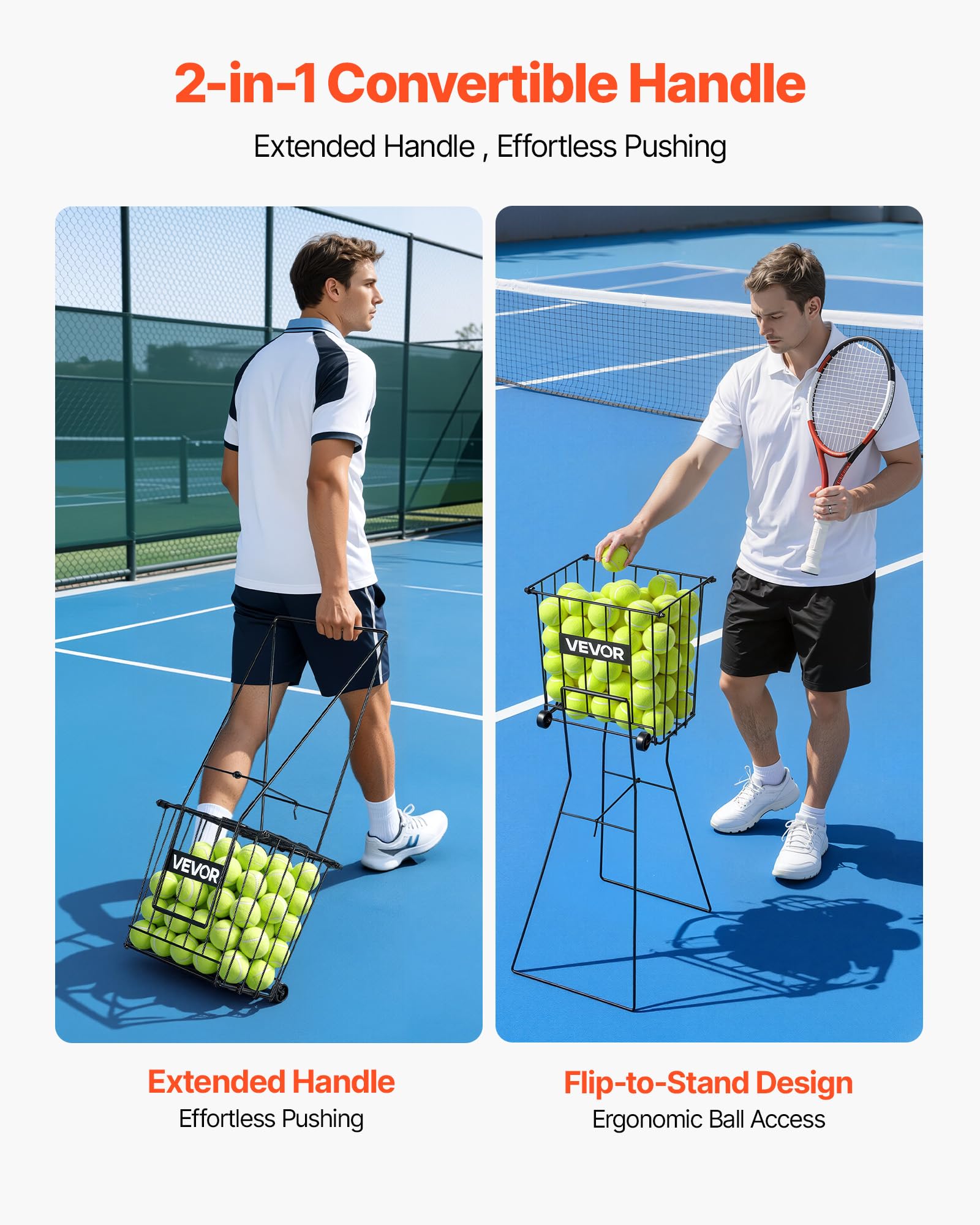VEVOR Recogepelotas de Tenis con Ruedas y Mango, Capacidad para 75 Pelotas o 52 Pickleball, Cesta Portátil de Tenis con Soporte, Altura Ergonómica, Carro de Acero para Entrenamiento y Almacenamiento