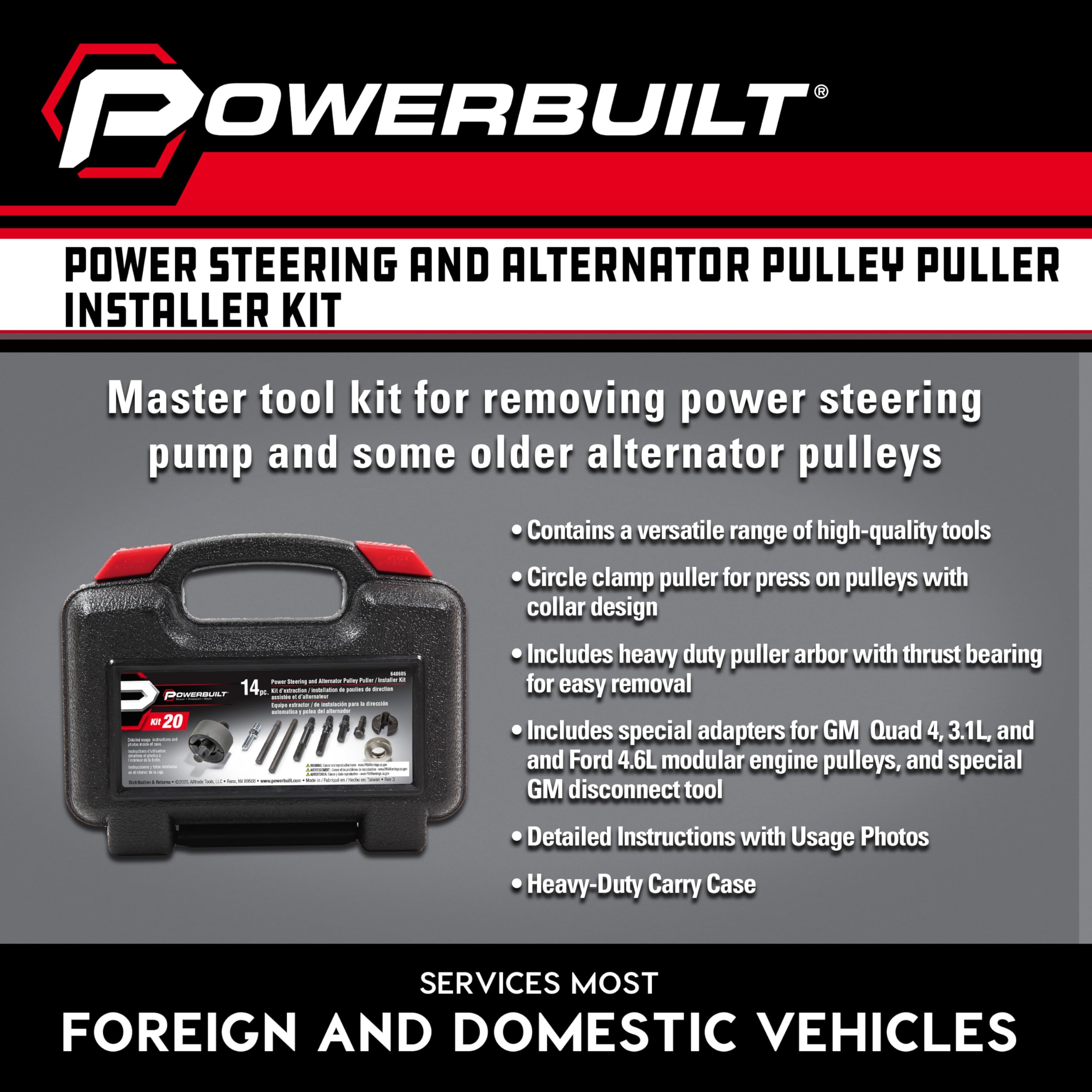 Powerbuilt Alltrade 648605 zestaw 20 wspomagania kierownicy i koła pasowego alternatora zestaw narzędzi do demontażu i instalacji