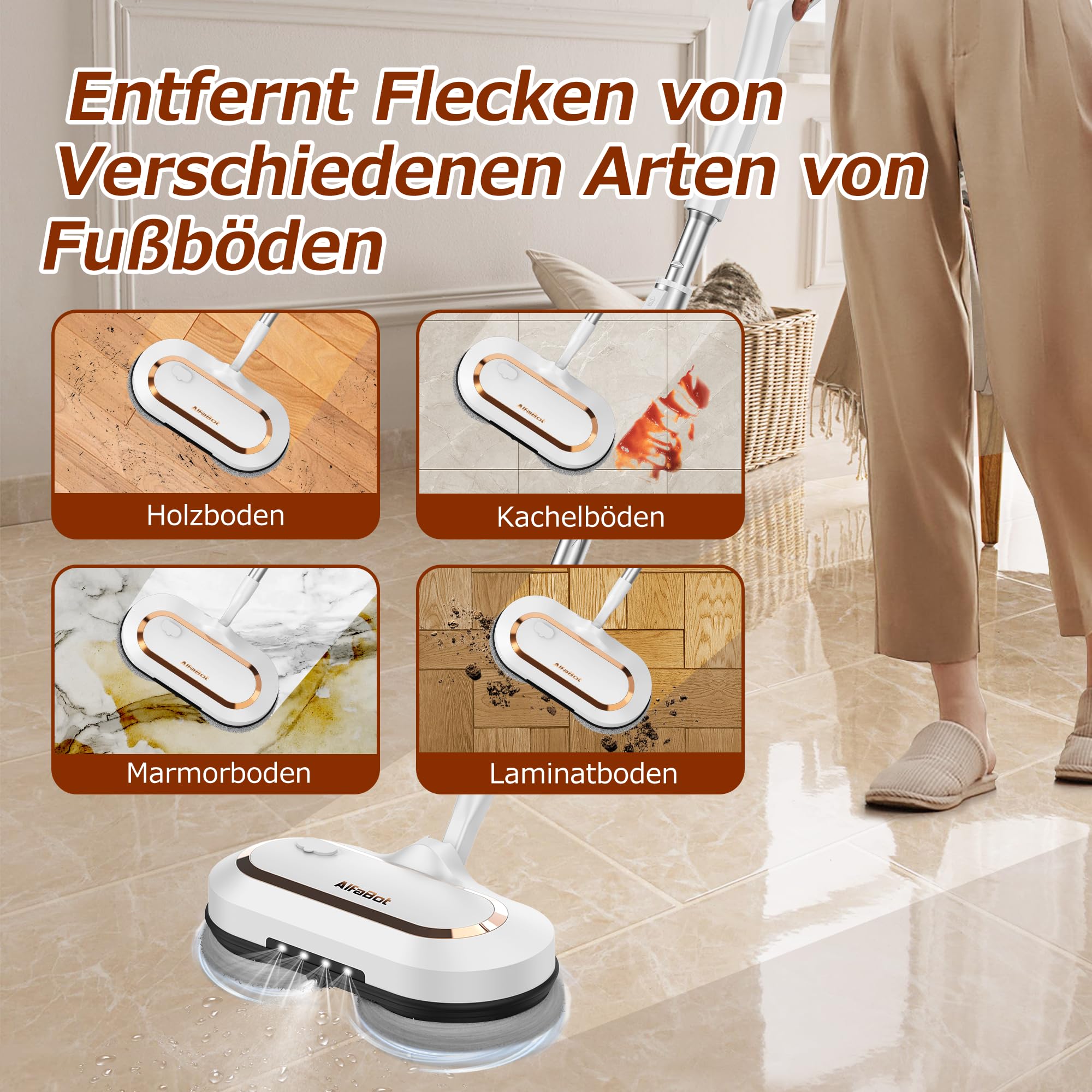 AlfaBot S2 Kabellos Elektrischer Mopp, bodenreiniger Spin Mop, Elektrischer Mop mit Sprühfunktion und LED, Bodenwischer zum Wischen, Schrubben und Polieren