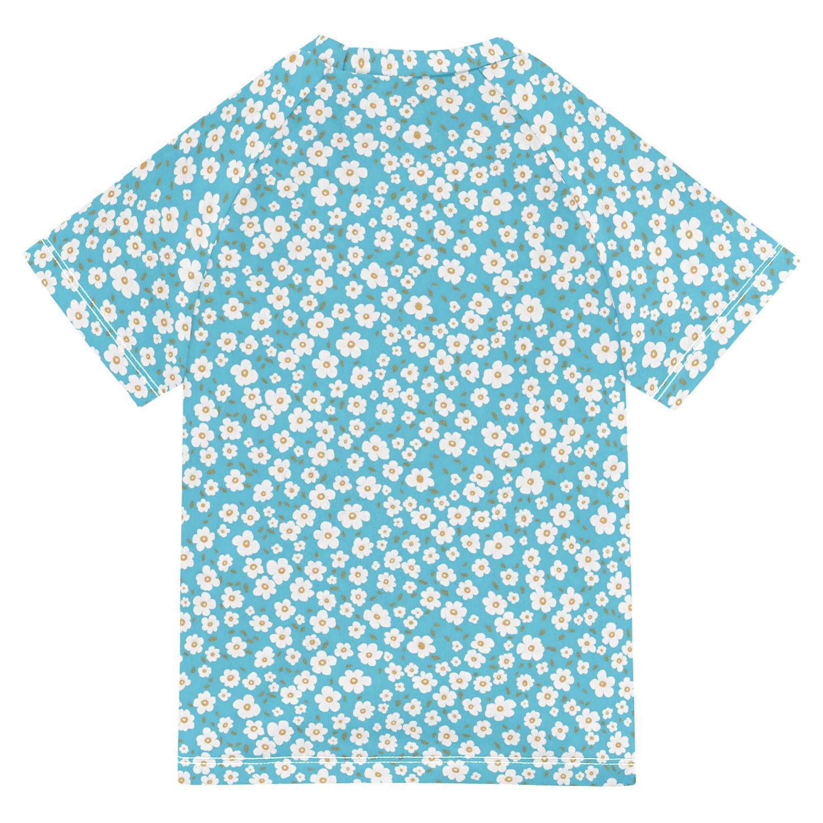 ALAZA Kids Rash Guard Toddler Swim Shirt Boy Girls White Flowers Blue UPF 50+ Short Sleeve 4T