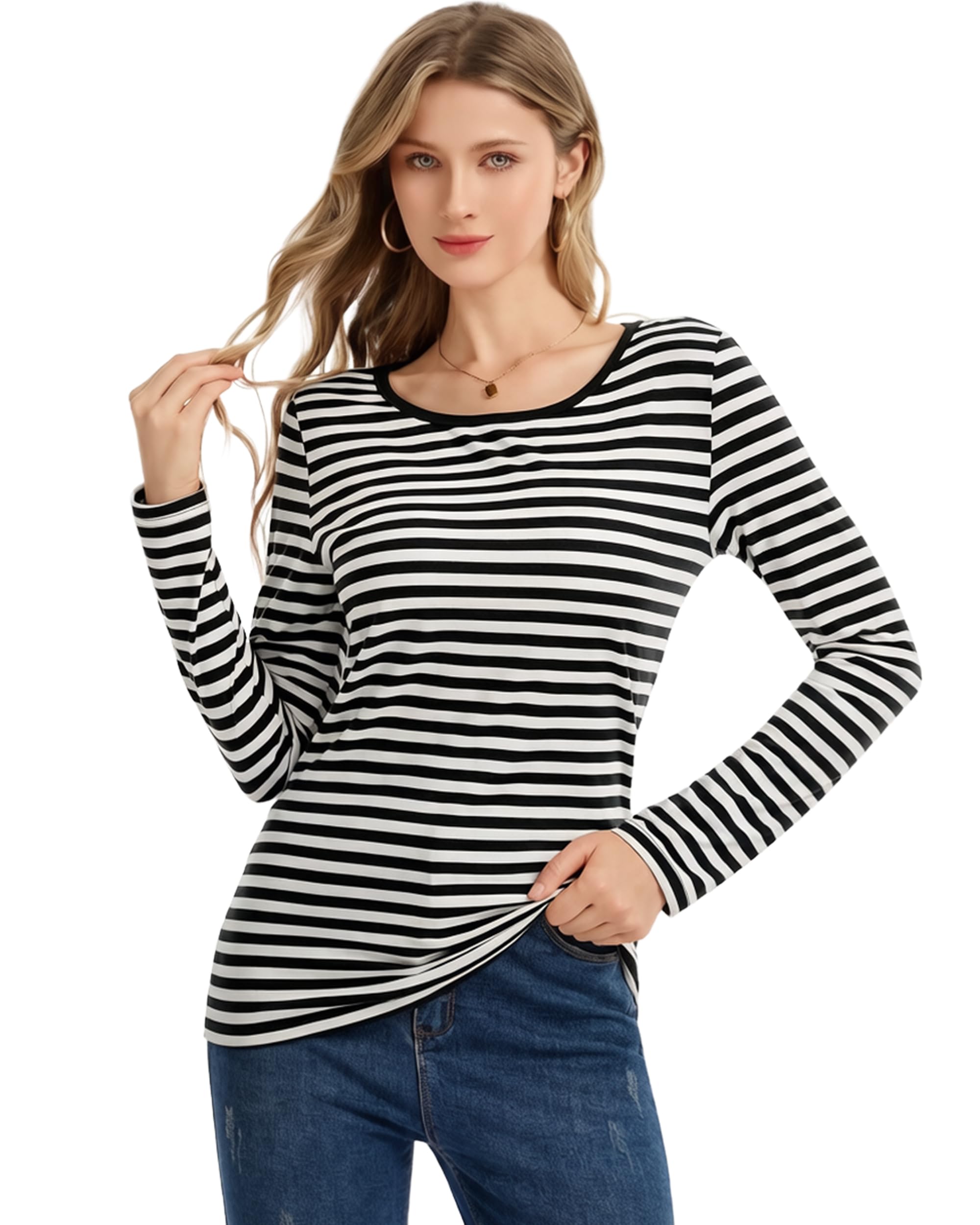 LUYANA Women Stripe Long Sleeve Top Classic Nautical T-Shirt Casual Tee for Halloween Carnival Costume Black 3XL