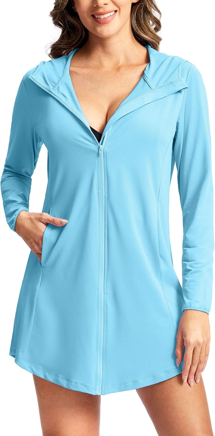 SANTINY Women's UPF50+ Swim Cover Up Sun Protection Hoodie Long UV Jacket SPF Lightweight Swimsuit Beach Cover Ups for Women