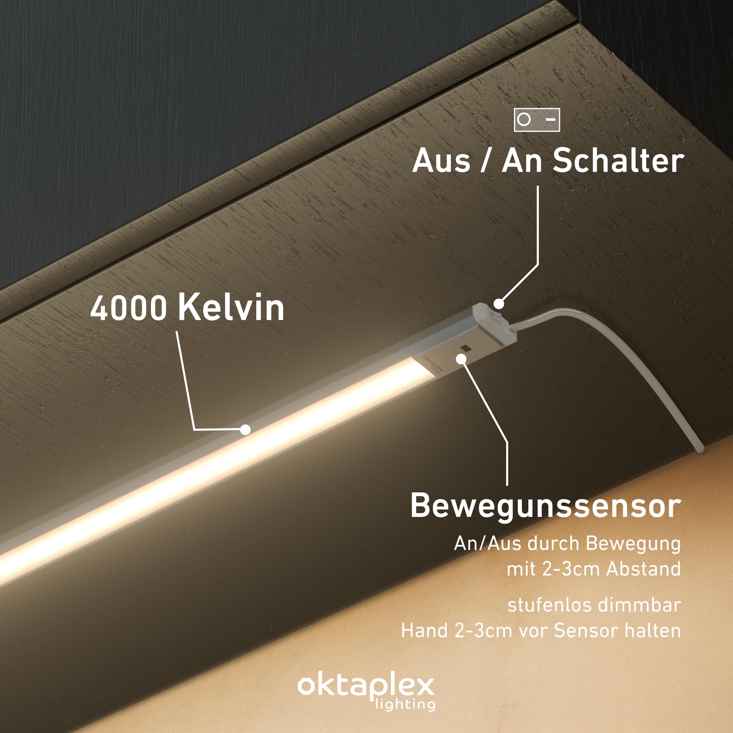Oktaplex Riva - Luce LED sottopensile, piatta, dimmerabile, bianco neutro, 57,5 cm, illuminazione da cucina con sensore, 760 lm, luce sottopensile, 10,2 W, 230 V, argento