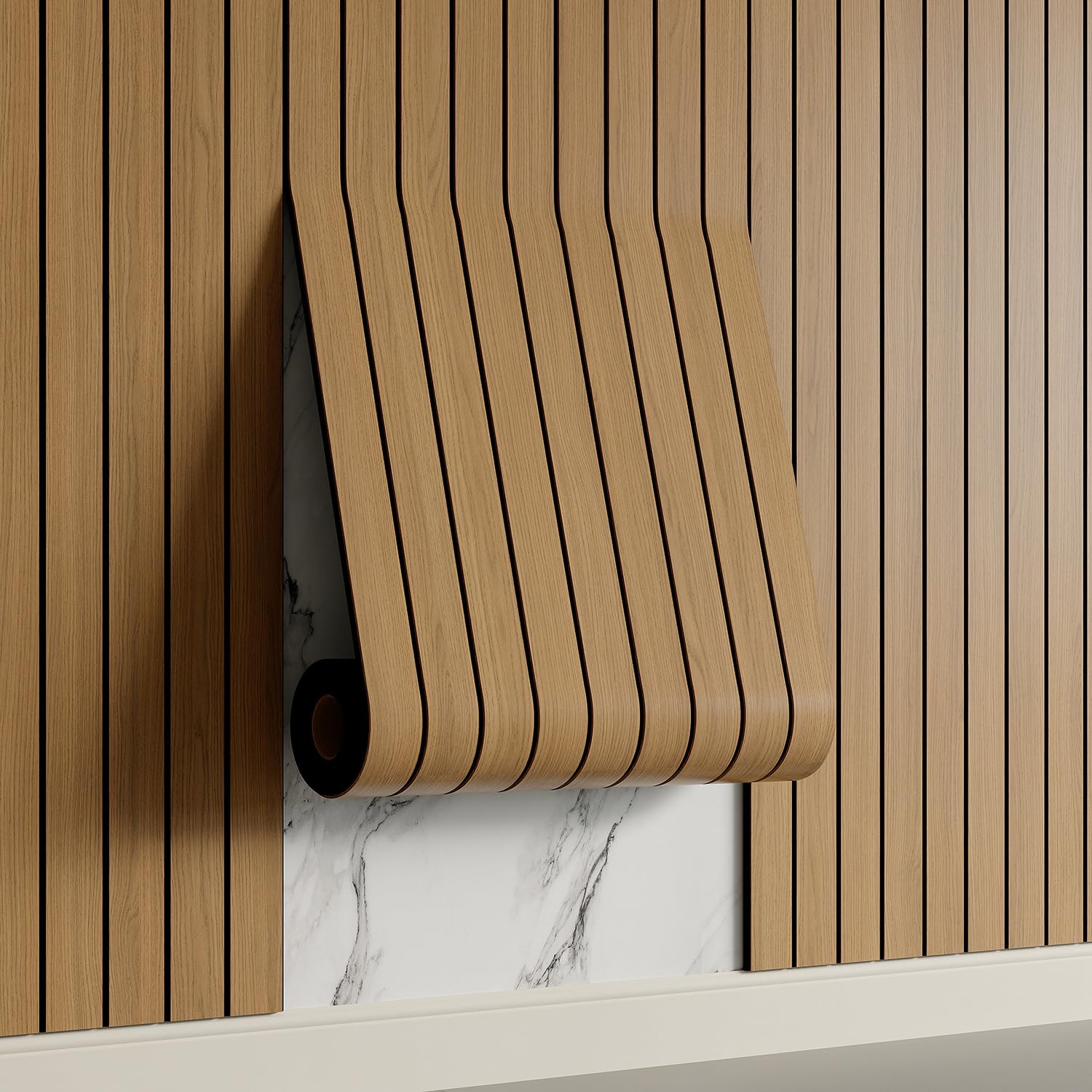 YutianliPVC Slat Wall Panel Peel and Stick 118"x 15.7" Faux Wood Slat Panel Artificial Oak Wood Grain Self-Adhesive Soundproof 3D Wall Panel for Walls and Ceilings