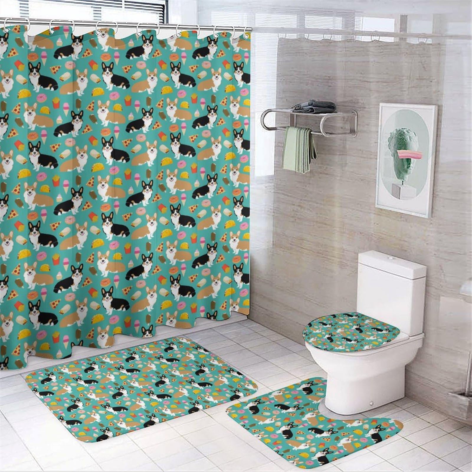 JZemdybill Bathroom Mat Set 4 Piece, Cute Corgi Shower Curtain with Non-Slip Bath Mats for Bathroom