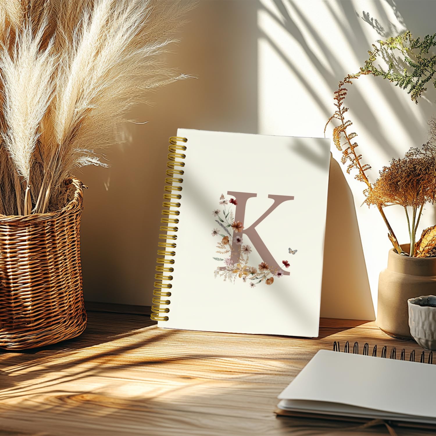 THDSE Cuadernos personalizados con letra K con inicial K, cuaderno retro floral personalizado con monograma en espiral, cuadernos vintage de tapa dura para la escuela, cuadernos universitarios rayados