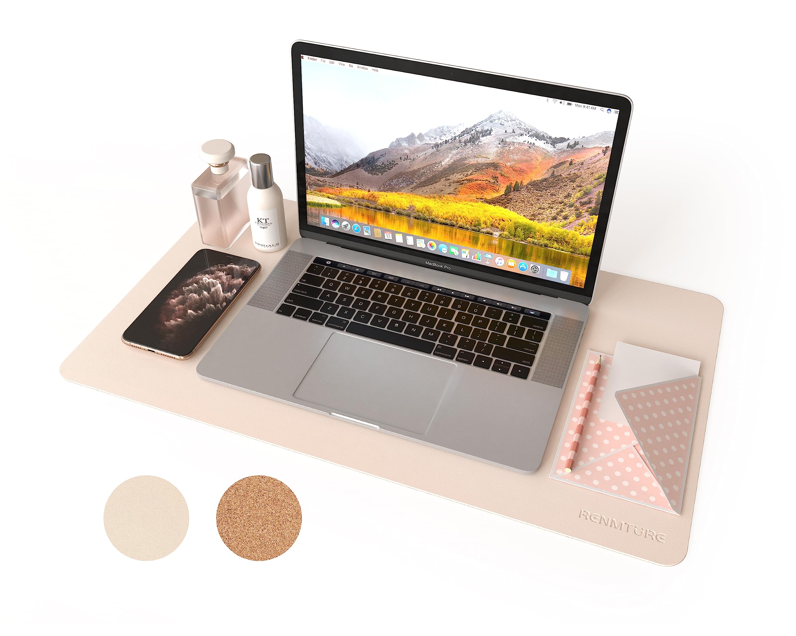 RENMTURE Dual-Sided Mouse Pad, Natural Cork & PU Leather Large Desk Pad for Office and Home Work, Desk Protector Non-Slip, Waterproof, Easy Clean (Apricot, 23.6" x 13.7") — image 1