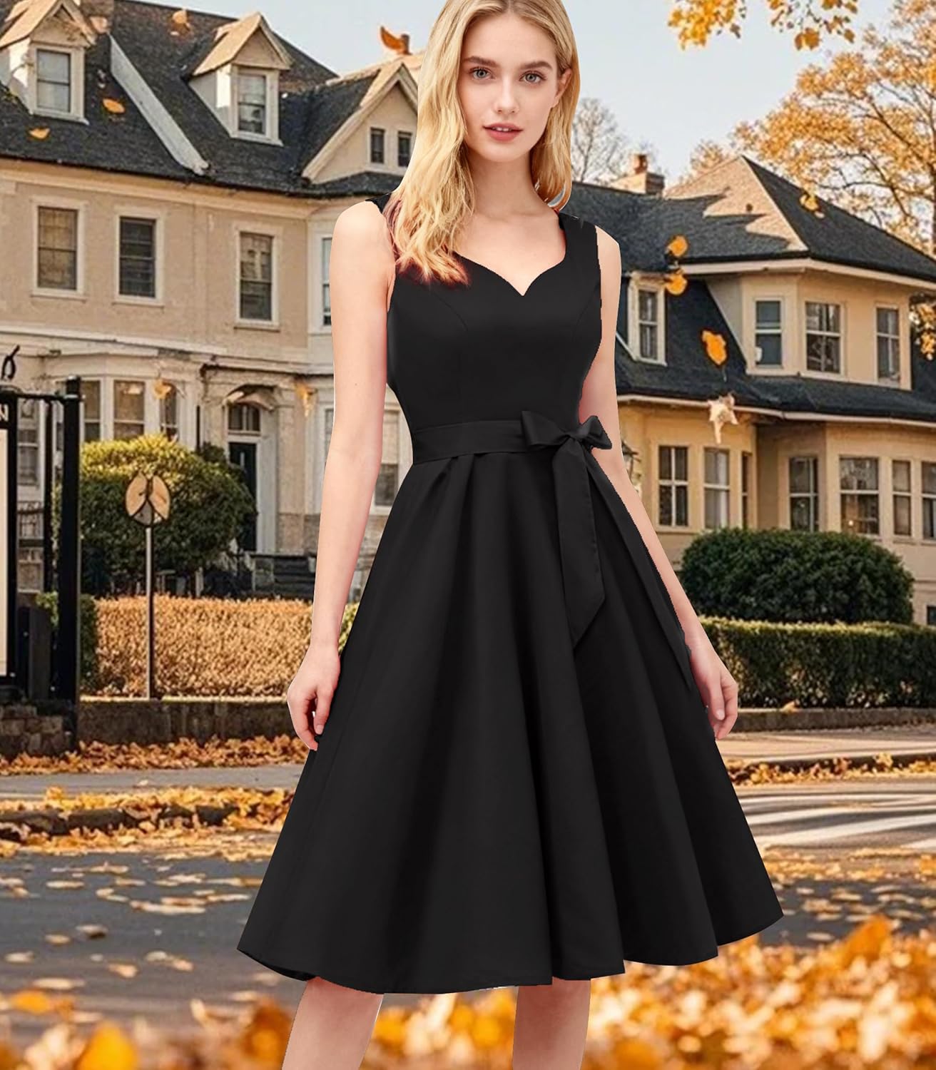 Girstunm 1950s Dresses for Women Sleeveless Audrey Hepburn Tea Party Swing Dress Retro Cocktail Dress with Pockets - Image 2