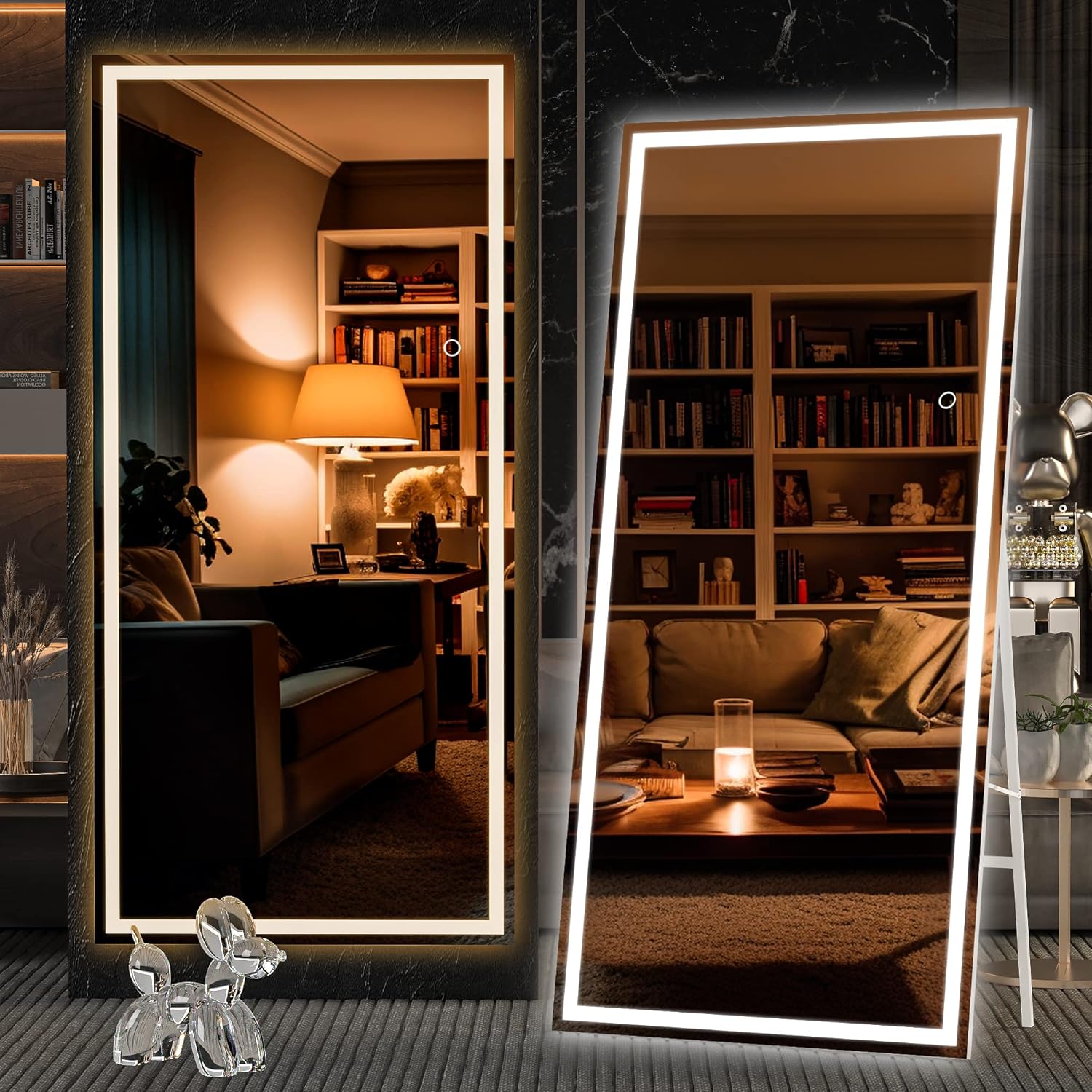 Hasipu Full Length Mirror with Lights, 71" x 32" LED Lighted Floor Standing, Full Body Dressing Hanging Mounted Mirror, Dimmable, Tempered Glass, Safe to Use, Square White White 71"L x 32"W
