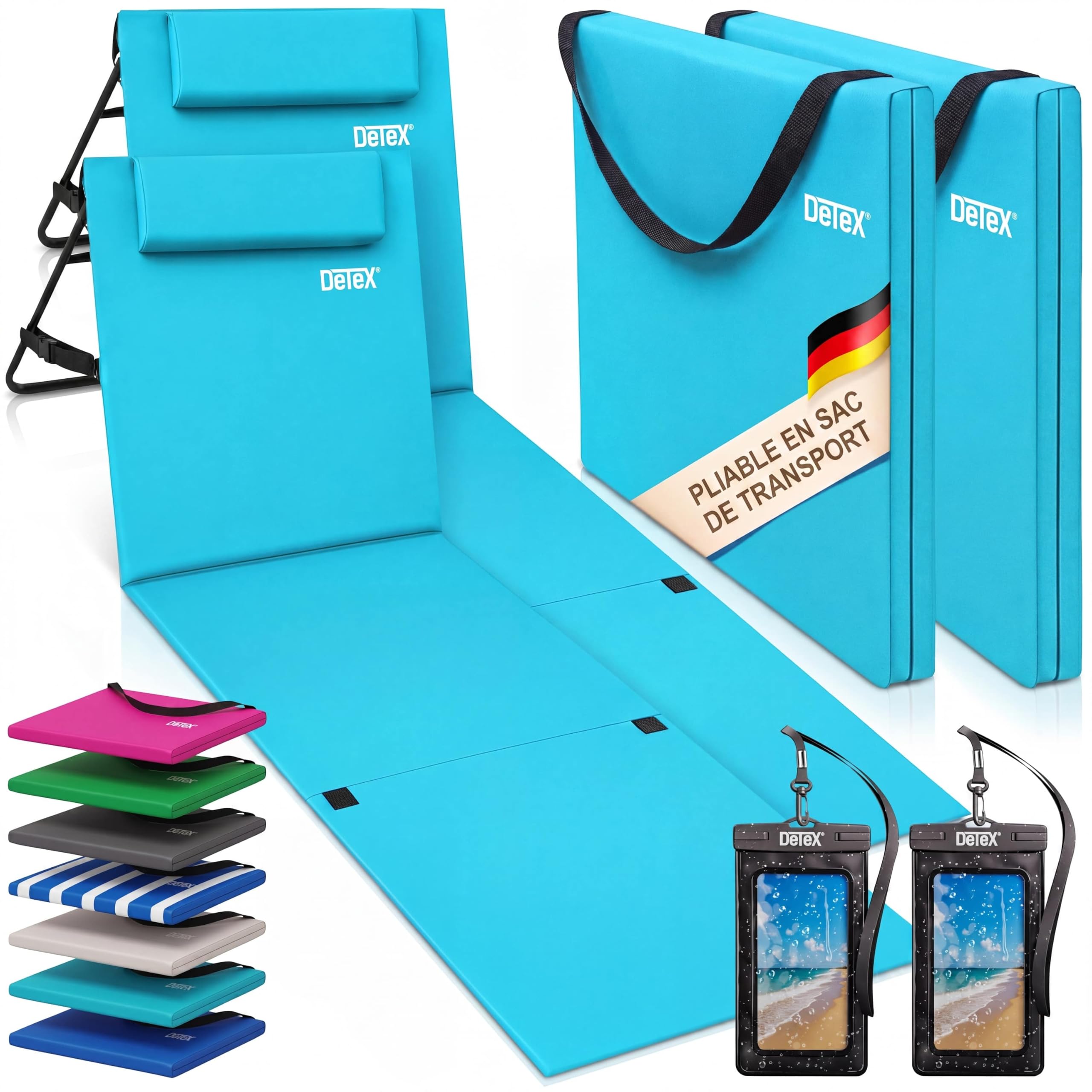 Detex® Set de 2 Tapis de Plage Bleu Turquoise 158x56 cm transat rembourré avec Dossier Pliable natte de Plage transportable extérieur