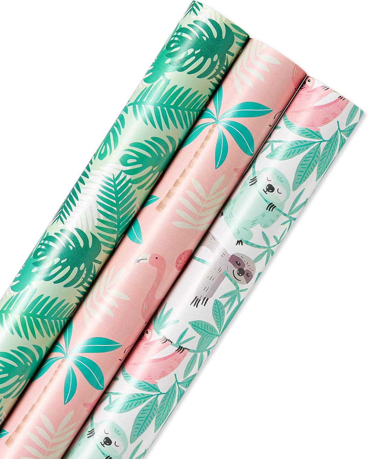 American Greetings Reversible Wrapping Paper for Graduation, Birthdays and All Occasions, Flamingo, Palms and Sloths (3 Rolls, 120 sq. ft.)