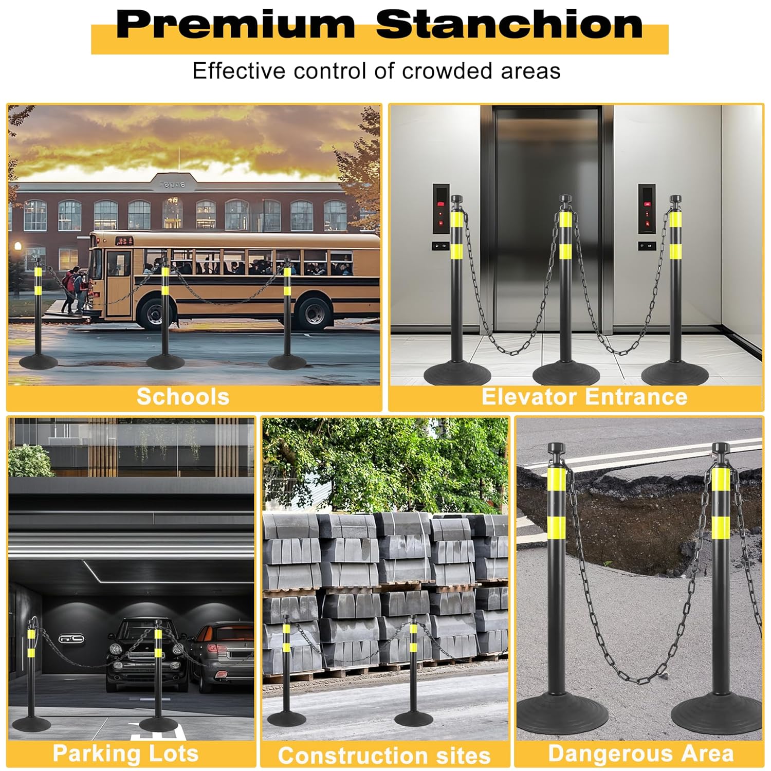 6 Pack Traffic Delineator Post with Heavy Rubber Base Traffic Safety Barrier with 7 FT Plastic Chainarking Lot, Road Safety, Construction Events(Black,6 Pack)
