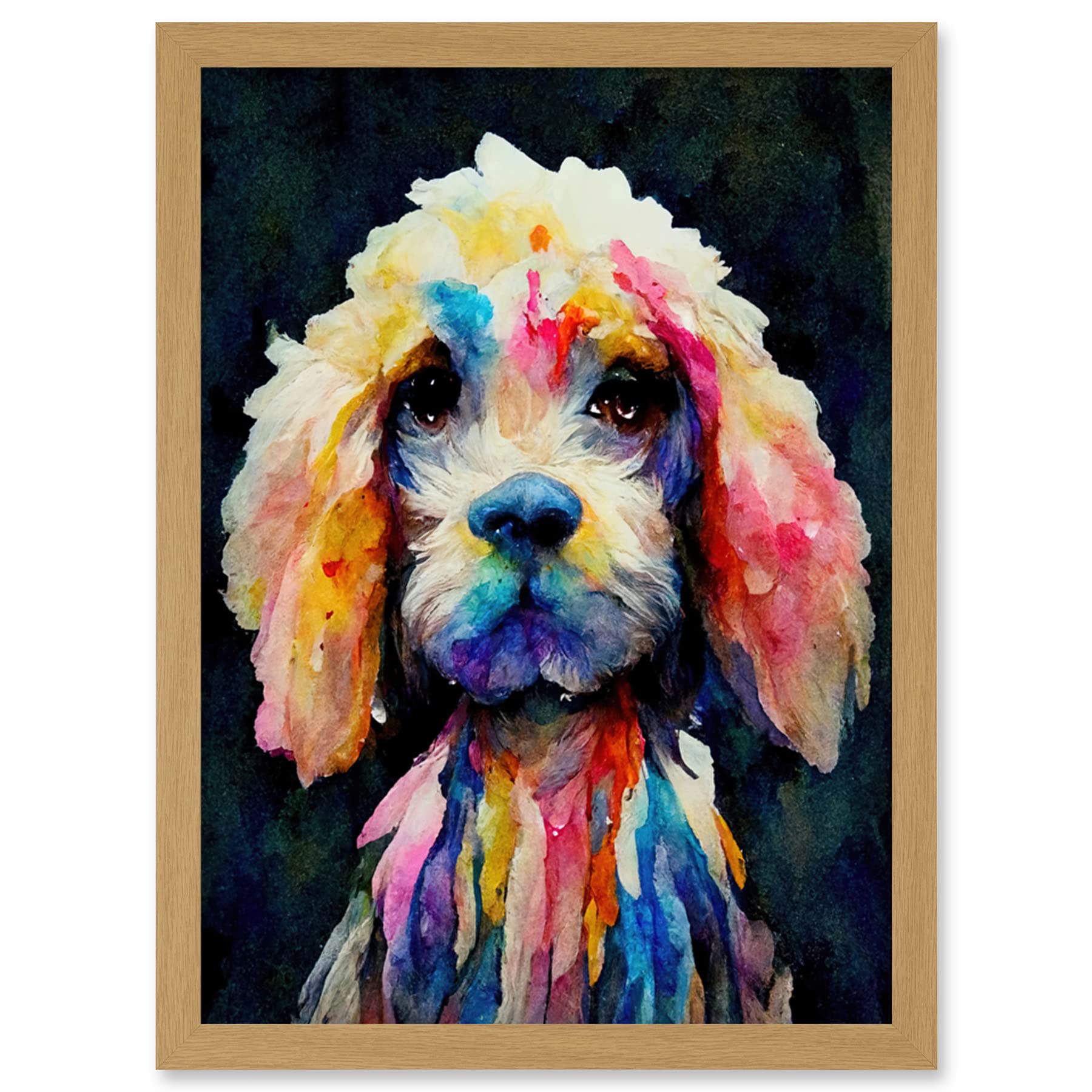Wee Blue Coo Bright Abstract Colourful Dog Spaniel Cavapoo Cockapoo Artwork Framed Wall Art Print A4