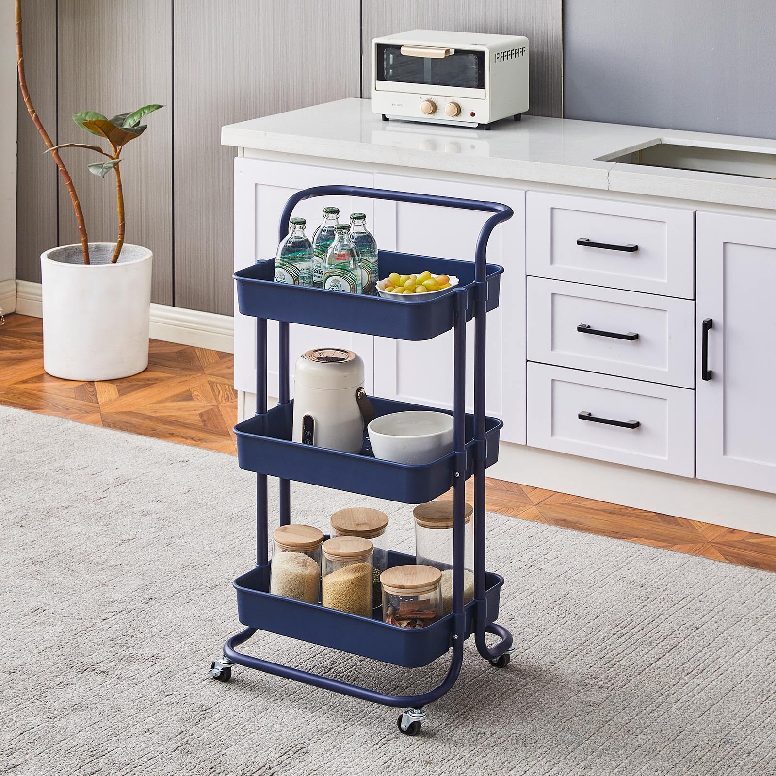 CLIPOP 3 Tier Storage Trolley Rolling Utility Cart Multifunction Serving Trolley with Removable Handle and Lockable Wheels,Rolling cart for Kitchen Bathroom Bedroom Office Furniture (Navy Blue)