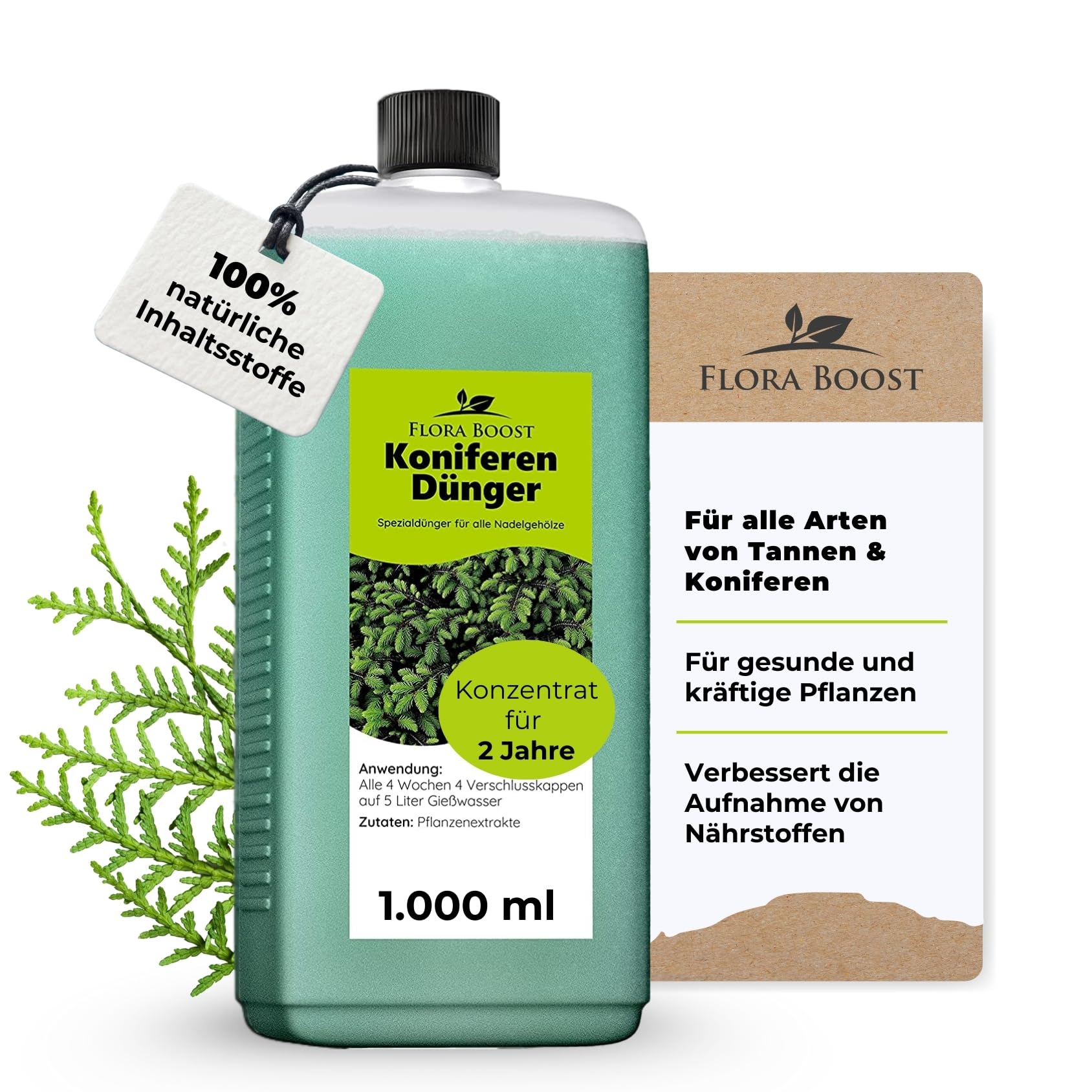 Konfitee Koniferen Dünger Flora Boost 1000ml I Für bis zu 200L Gießwasser I Dünger für Koniferen, Tannen & Thujen geeignet I Flüssiger Blatt- & Wurzeldünger I 100% natürlicher Pflanzendünger