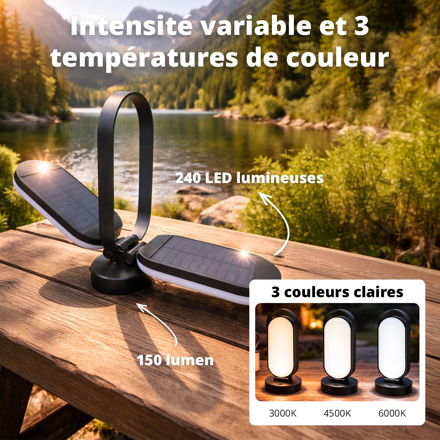 FLINQ Lanterne Camping Solaire PineGlow - LED USB-C Rechargeable, IPX4 | Batterie 5000 mAh, 240 LED & 3 températures (blanc chaud à froid), jusqu'à 28 h - pliable 180°, résistante IPX4, secours
