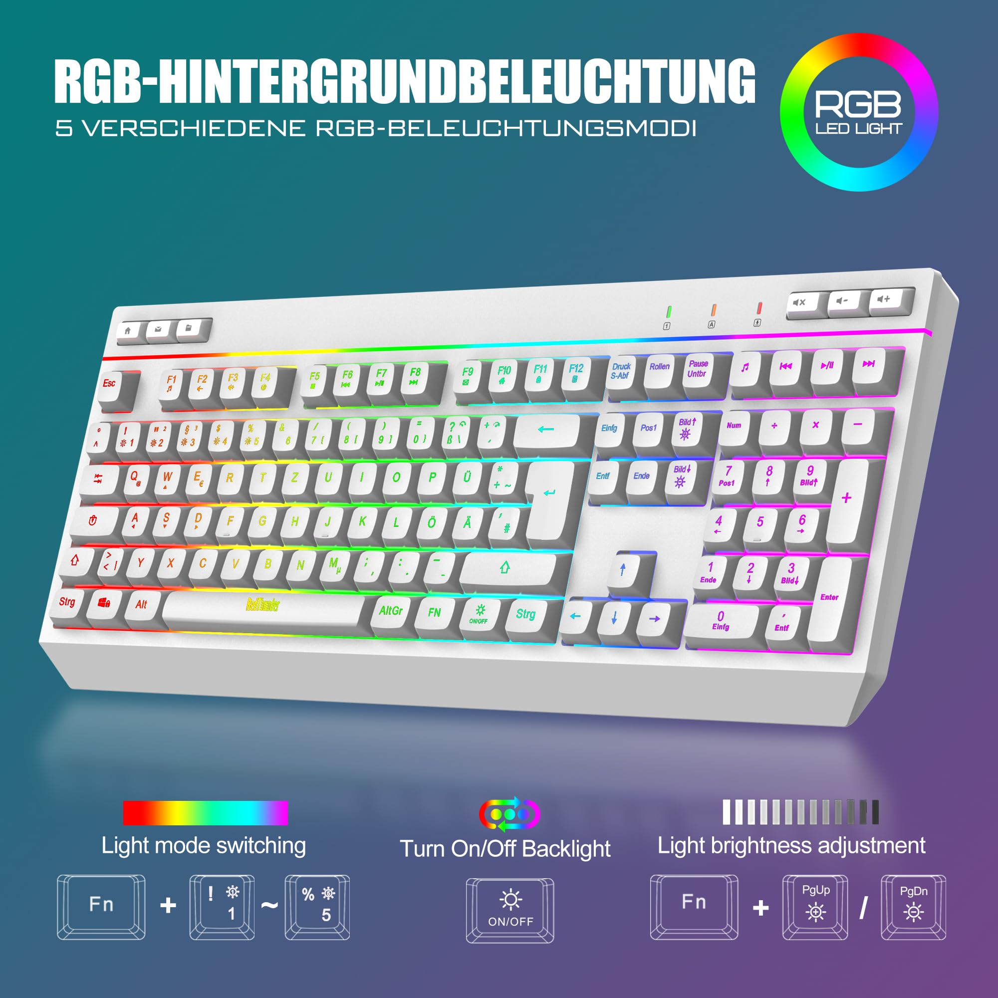 RedThunder K20 Kabelloses Gaming Tastatur und Maus Set, QWERTZ DE Layout, RGB Hintergrundbeleuchtung + Multimedia Funktionstasten, 4800DPI Kabelloses Maus für PC Mac Laptop(Weiß)