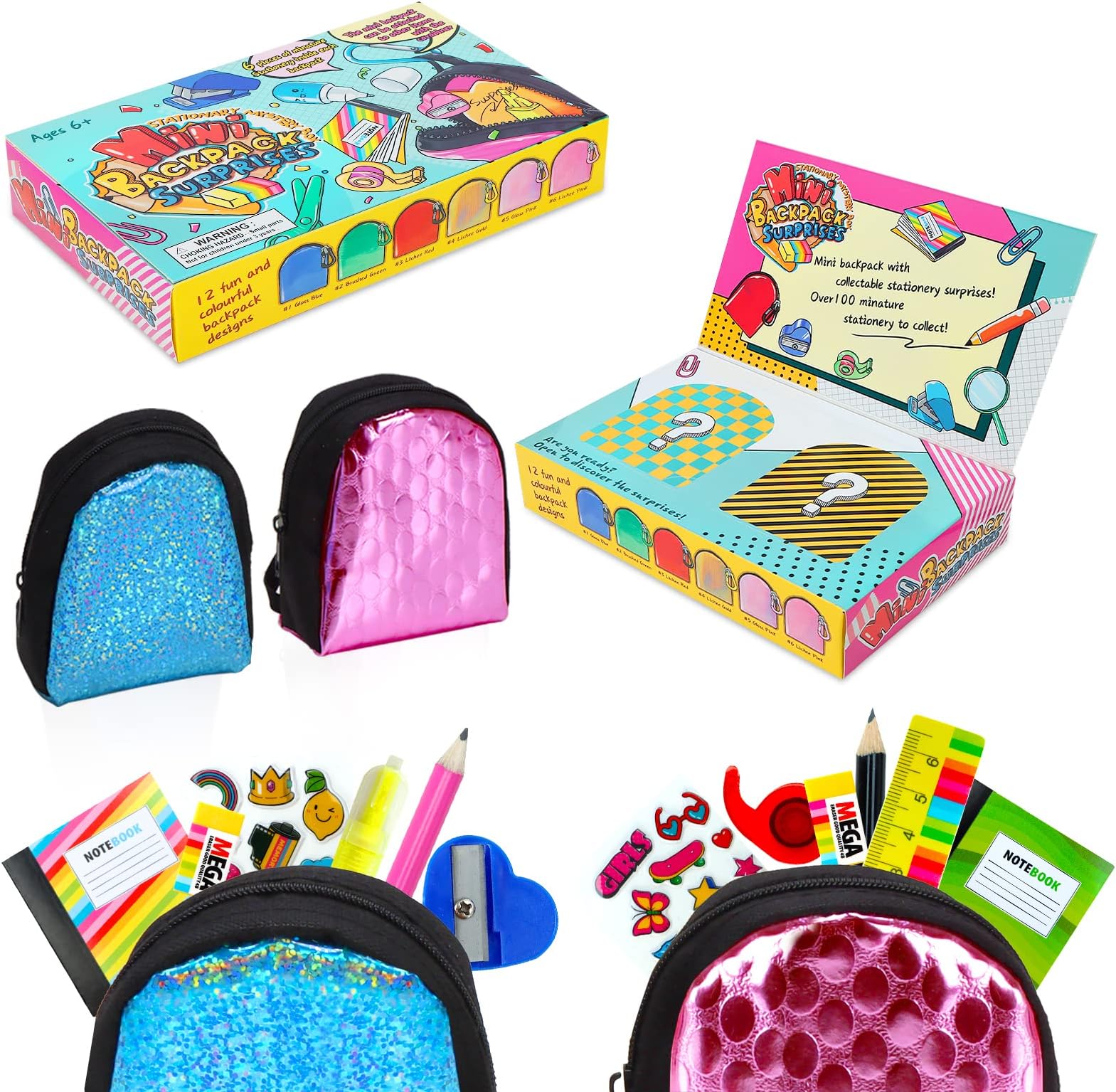 Euclidean Cube 2 Pieces Micro Backpack with 12 Stationery Surprises Inside, Mini Doll Backpack Set with Carabiner, Mini School Supplies Best Gift for Boys and Girls (Styles and Color Vary)