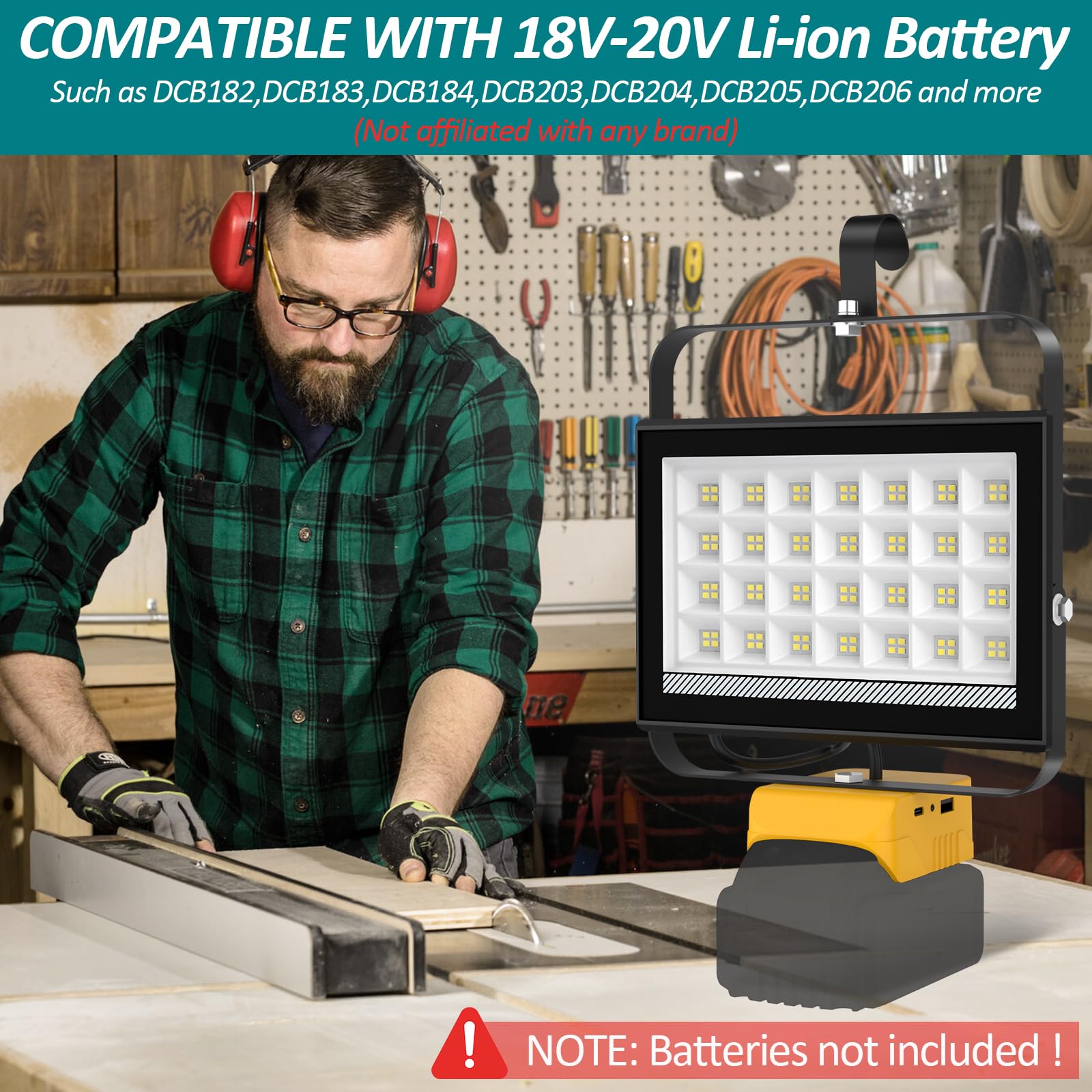 T-SUN Foco LED Recargable 100W,6000K Lampara Recargable Portatil Compatible con Dewalt Batería 18V, 2 Modos de Iluminación Luz de Trabajo para Acampar Jardín Garaje Emergencia Obra (Sin Batería)