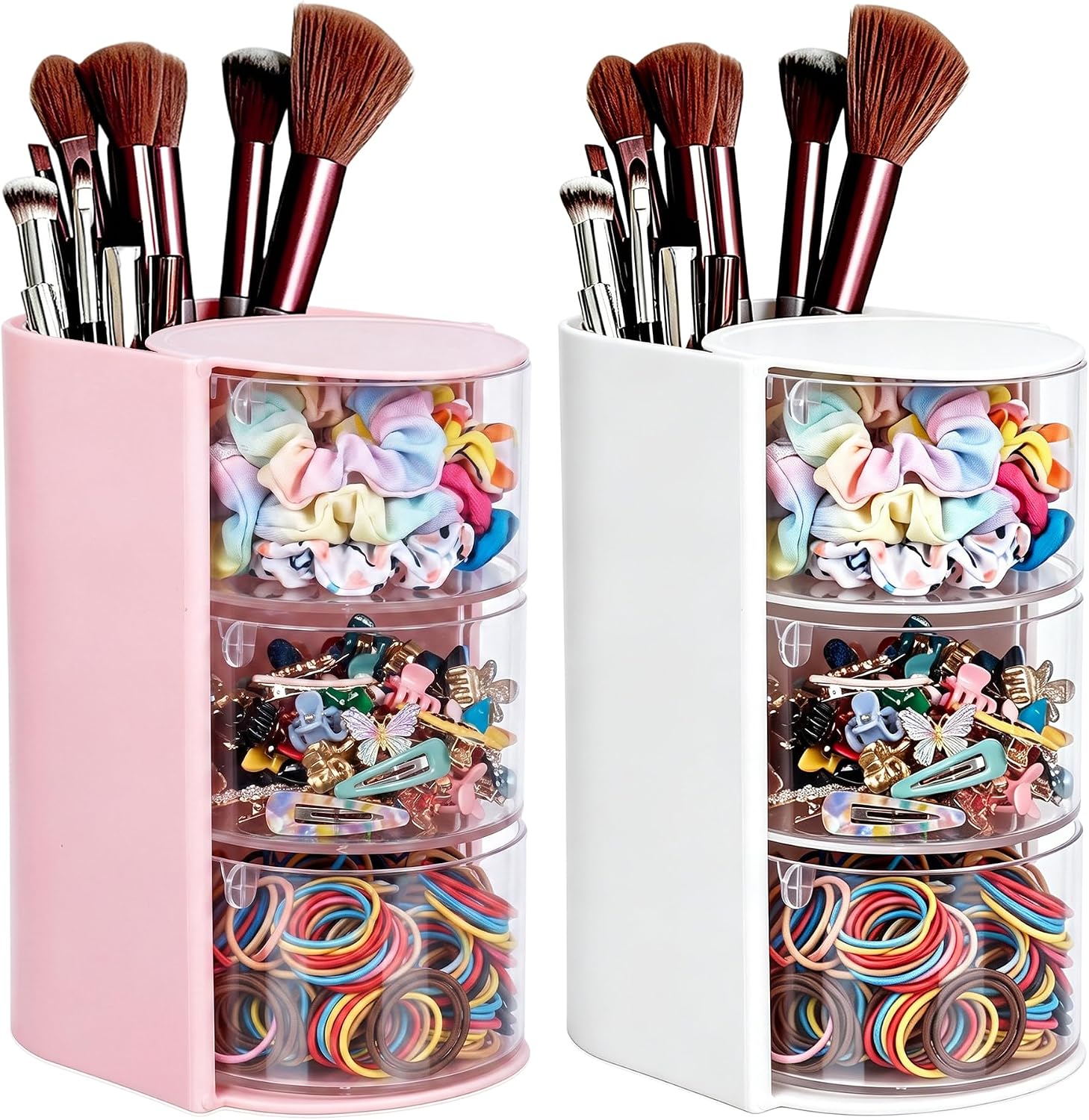 2 Pack Hair Accessories Organizer with Hair Brush Holder, Hair Tie Organizer for Girls, Rotating Makeup Brush Holder for Hair Clips, Earrings, Necklaces (Pink+White, 3 Tier)