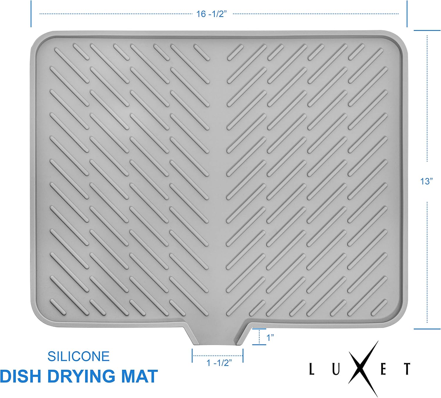 Luxet Silicone Dish Drying Mat with Built-in Drain Lip - Hygienic Drying Pad - Sturdy Compact Easy to Clean Tray Protects Surfaces Prevents Water Build Up -16.5 x 13 Inches (grey)