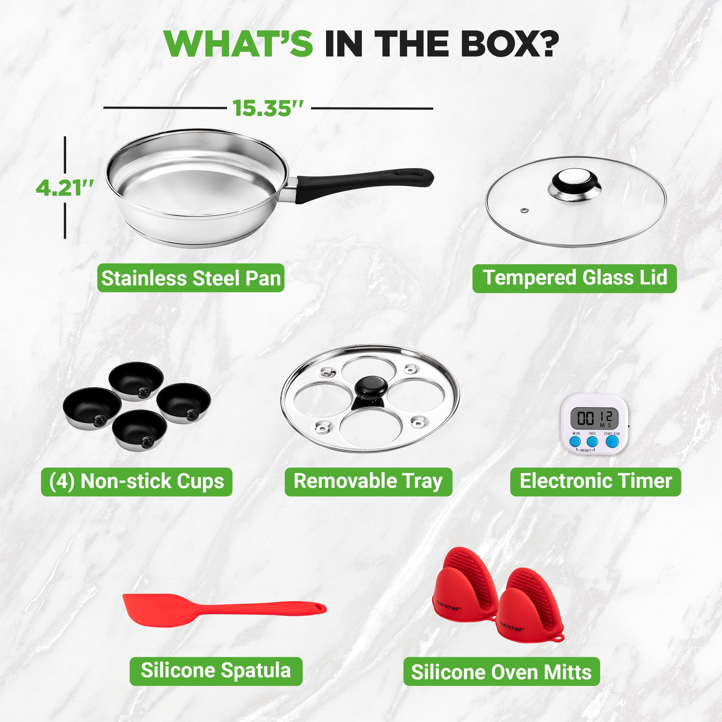 NutriChef Cuoci Uova 20 cm in Acciaio Inox, Set per Uova in Camicia con 4 Coppette Antiaderenti, Coperchio in Vetro, Timer, Guanto Forno e Spatola, Compatibile Induzione, Argento
