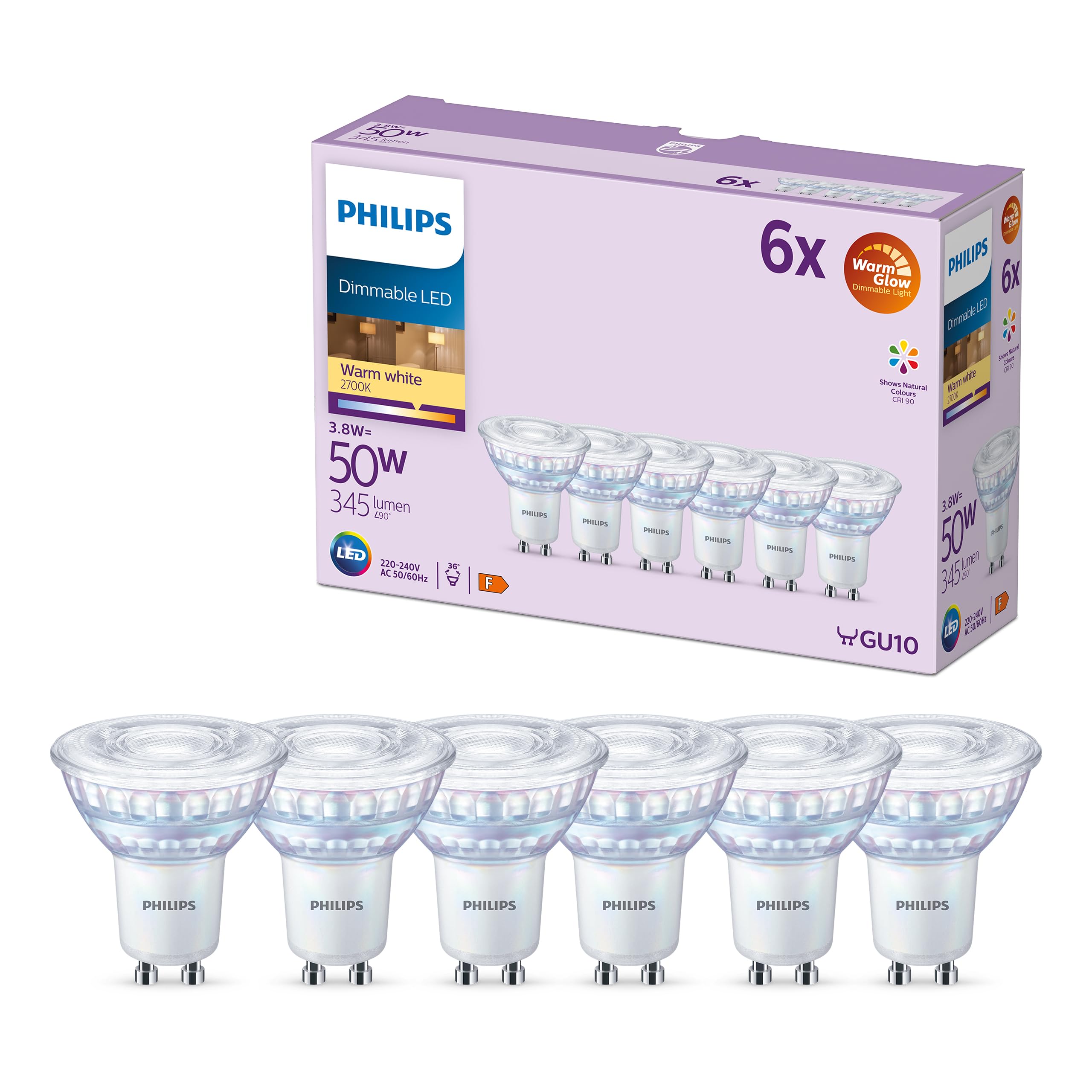 Philips Dimmable LED PAR16 GU10 2700K 345lm 3.8W White Pack of 6 | Warm White Light, Matte Glass, Accent Lighting 36°, Ideal for Recessed or Track Lamps or Spotlights