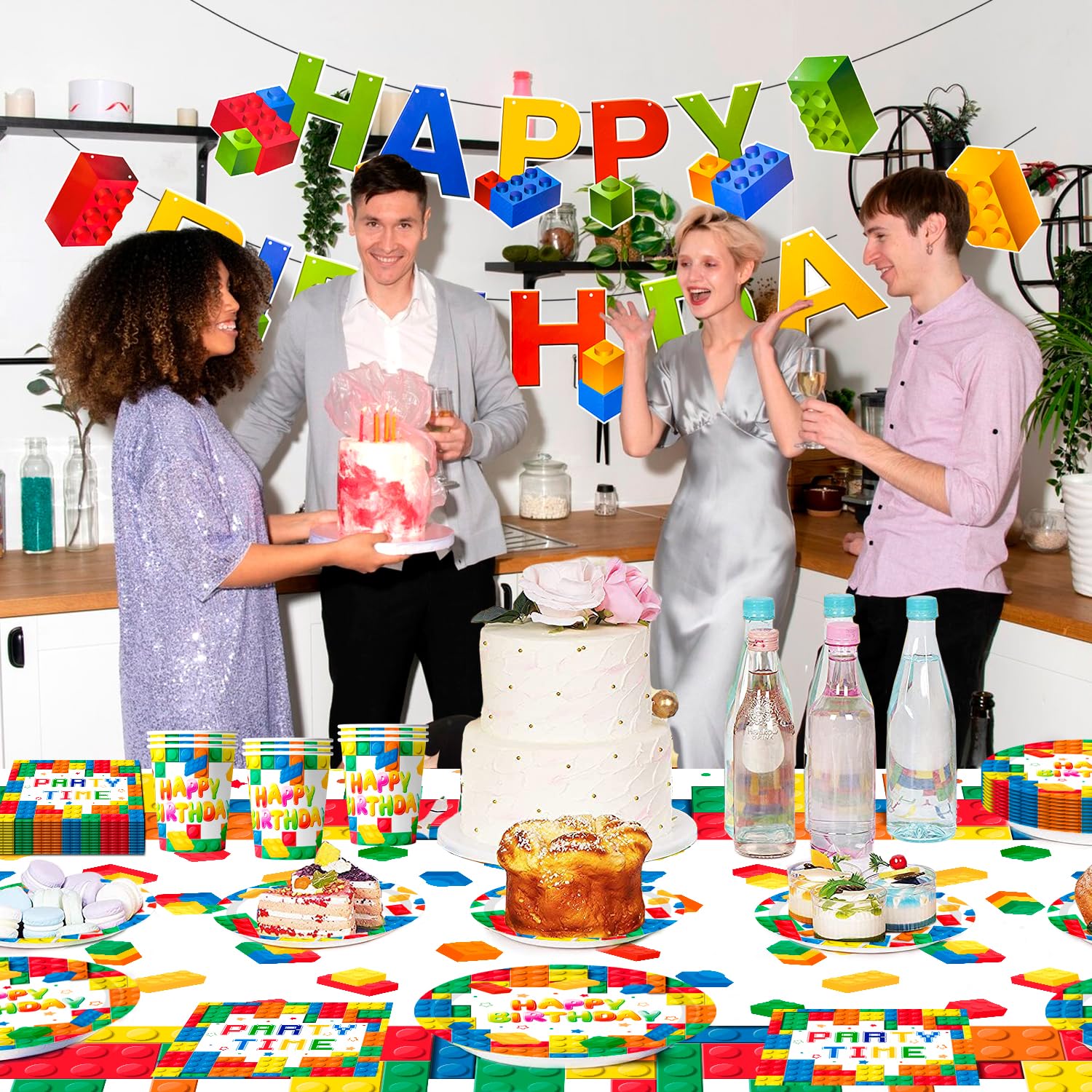 Blocchi di Costruzione Stoviglie per Feste, 16 Ospiti Building Block per Feste Set Building Block Banner di Compleanno Piatti Tazze Tovaglioli Tovaglie etc Stoviglie per Feste di Compleanno