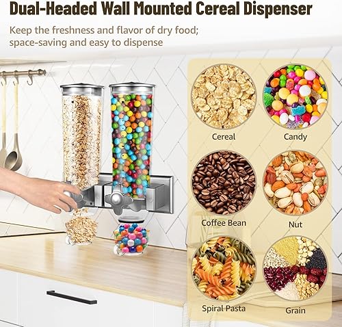 Miniatura 2 de Dispensador de cereales montado en la pared de doble cabeza, dispensador de alimentos secos de gran capacidad de 3L, Dispensador de dulces de
