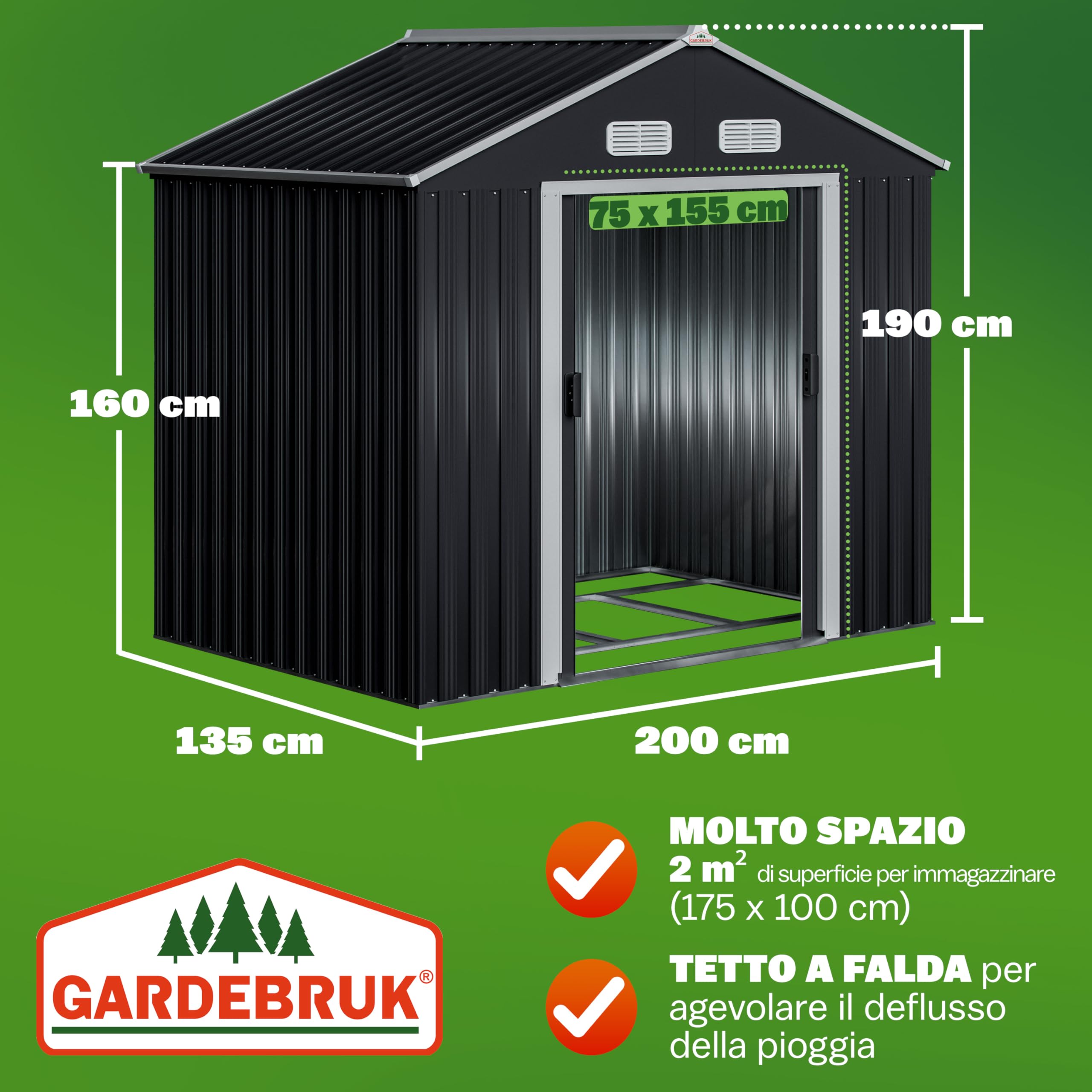 Gardebruk® Casetta per Attrezzi da Giardino XL in Metallo 2m² con Base 196x132x188cm Porta Scorrevole Capanno Antracite con Tetto Capannone da Esterno 4m³