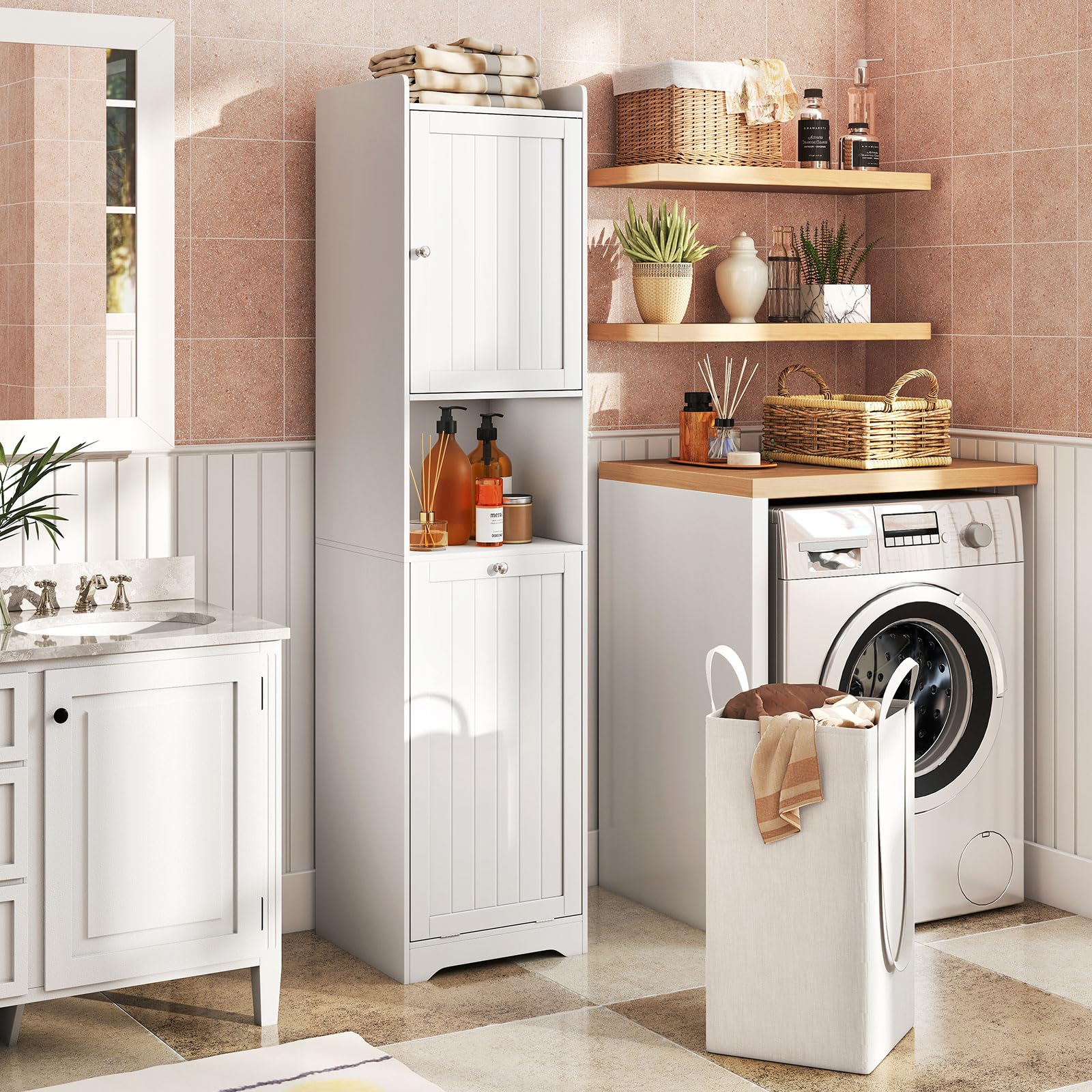 GOPLUS Colonne Salle de Bain Etroit, 40 x 40 x 170CM, Rangement Salle de Bain avec Sac à Linge Indépendant Amovible 48L, 3 Compartiements avec Étagère Réglable, Idéal pour WC, Buanderie, Salon (Blanc)