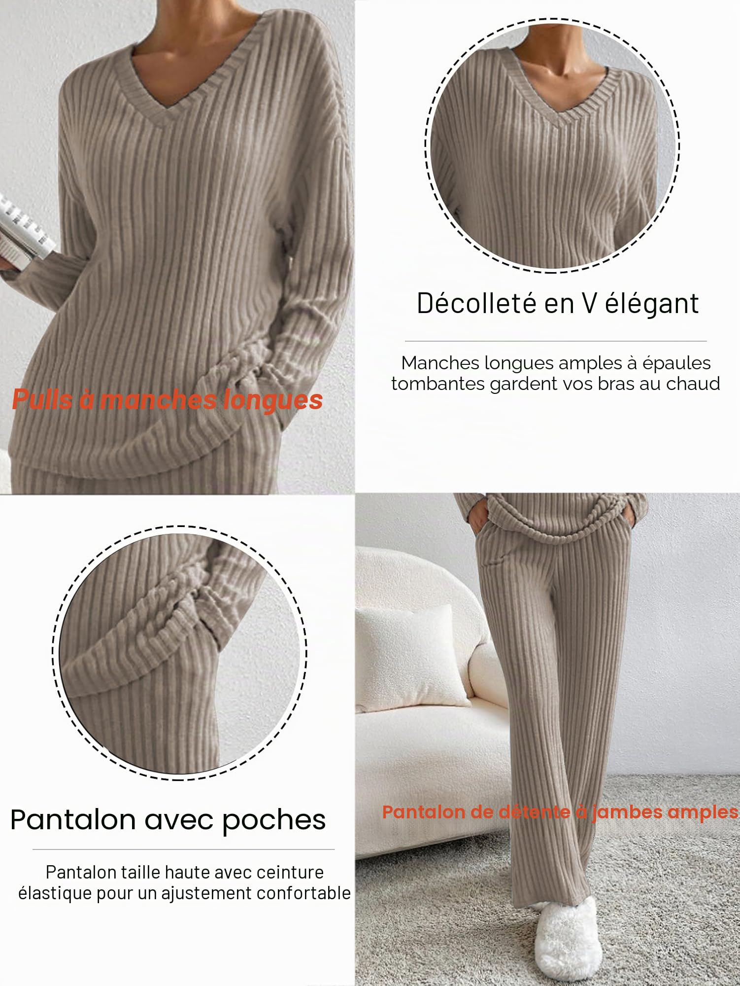 Famulily Ensemble de pyjama 2 pièces côtelé pour femme - Tenue de détente - Vêtements d'intérieur - Col en V - Manches longues - Pantalon large avec poches