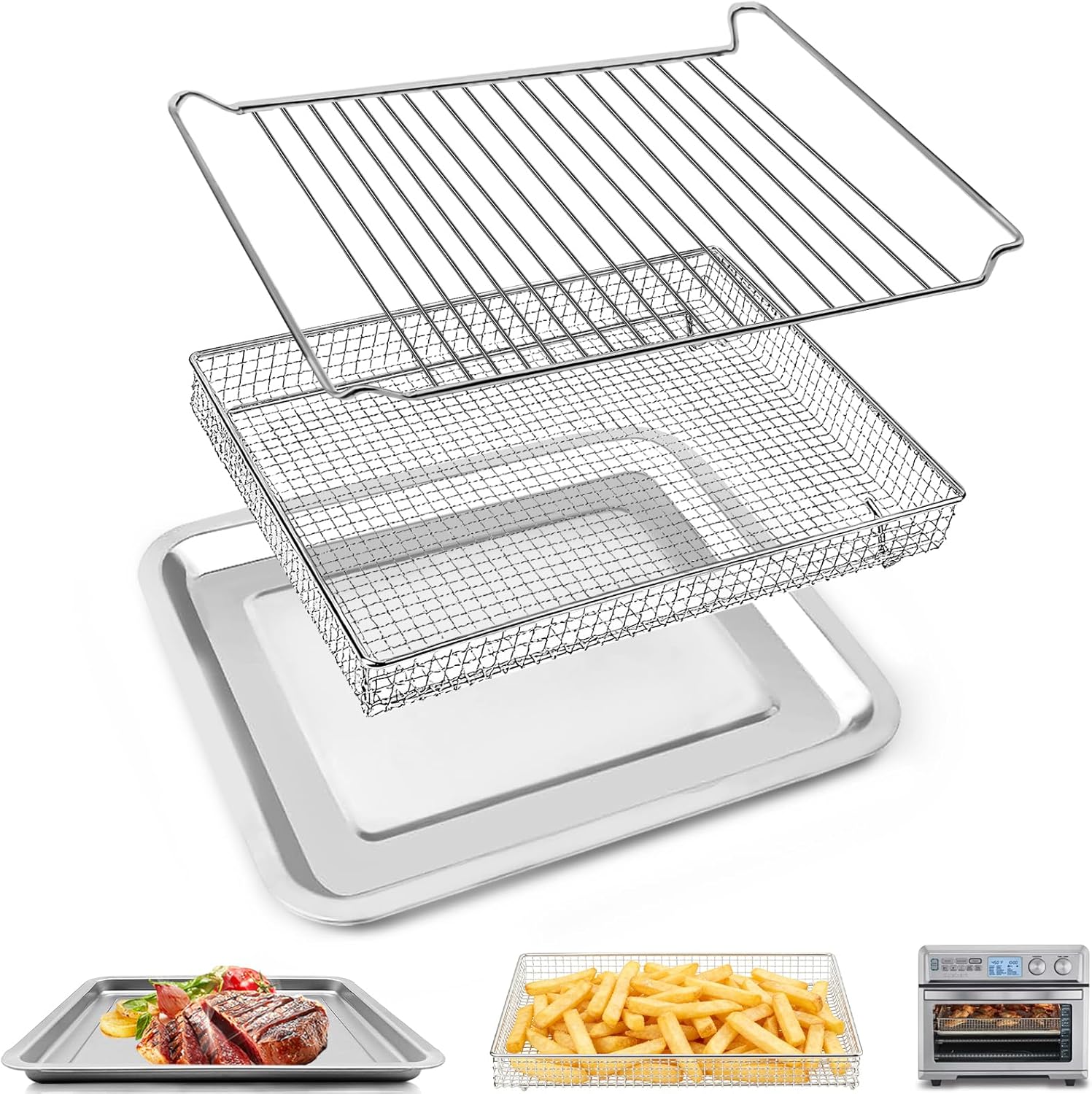 Air Fryer Basket Tray Replacement for Cuisinart TOA-95 Toaster Air Fryer Convection Oven, 14.5 * 11.6'' Non-stick Mesh Air Fryer Steel Basket Wire Rack Accessories Parts, Dishwasher Safe