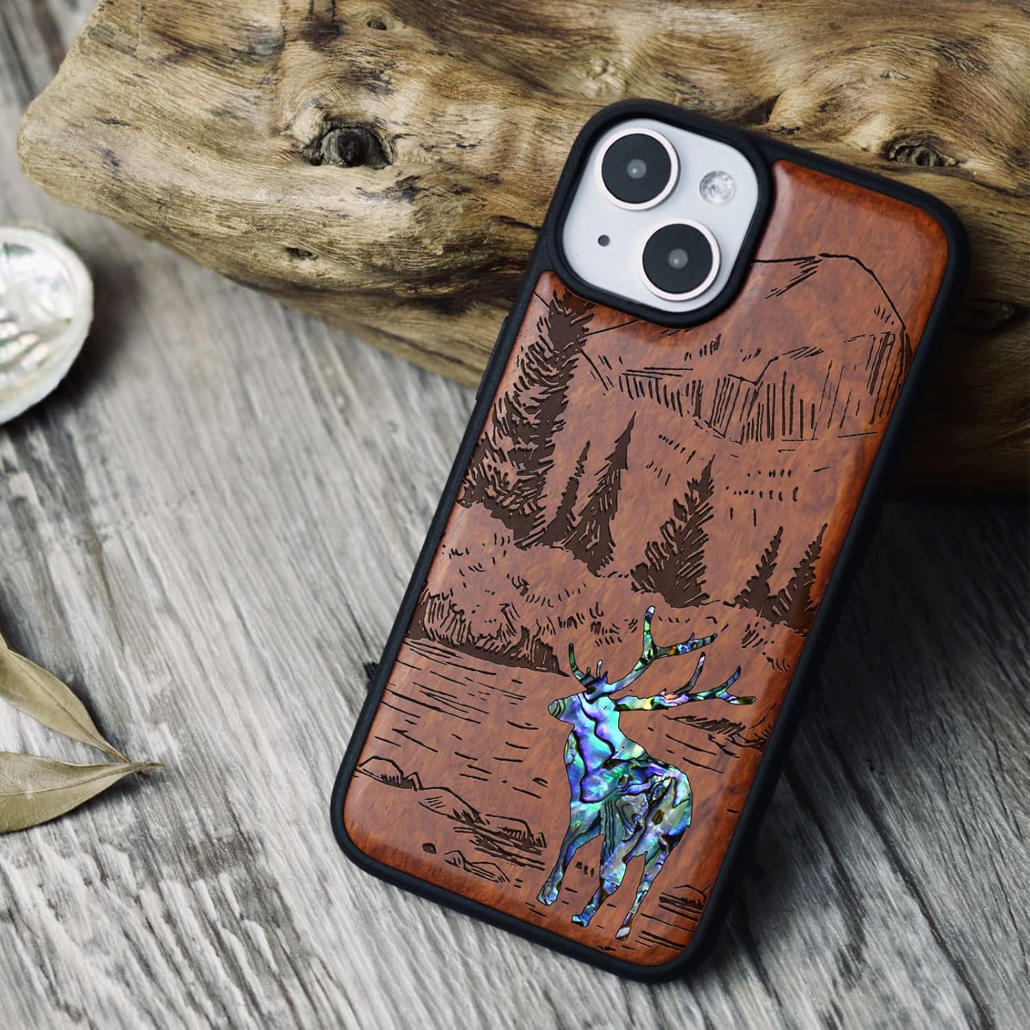 Carveit MagSafe (マグセーフ) 対応 iPhone 14 ケース 木製手でインレイ/象嵌, 天然木+綺麗な貝張り/天