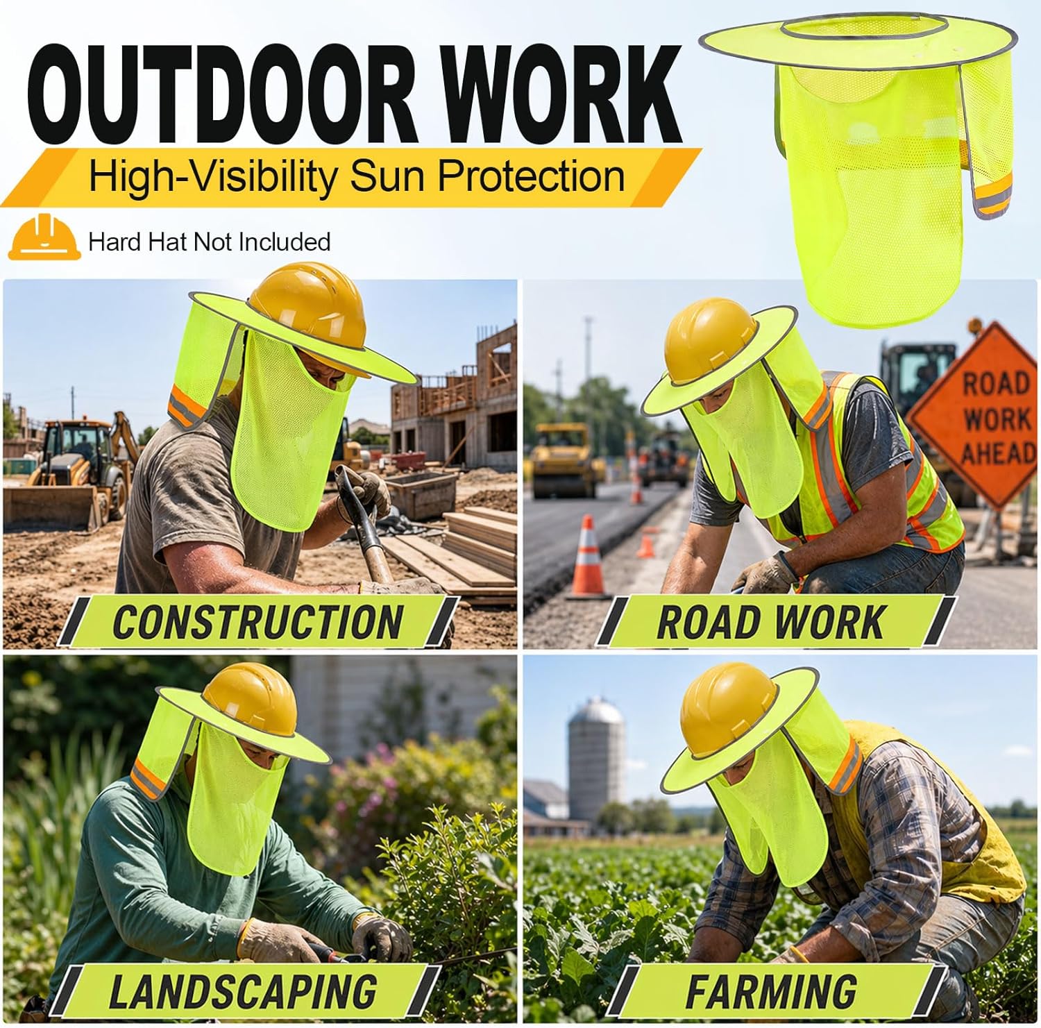 Liitrsh 2 Pcs Hard Hat Sun Shade with Adjustable Detachable Face Mask(Hard Hat Not Included), Full Brim with Neck Protection for Construction Helmet Accessories, High Visibility Visor, Reflective