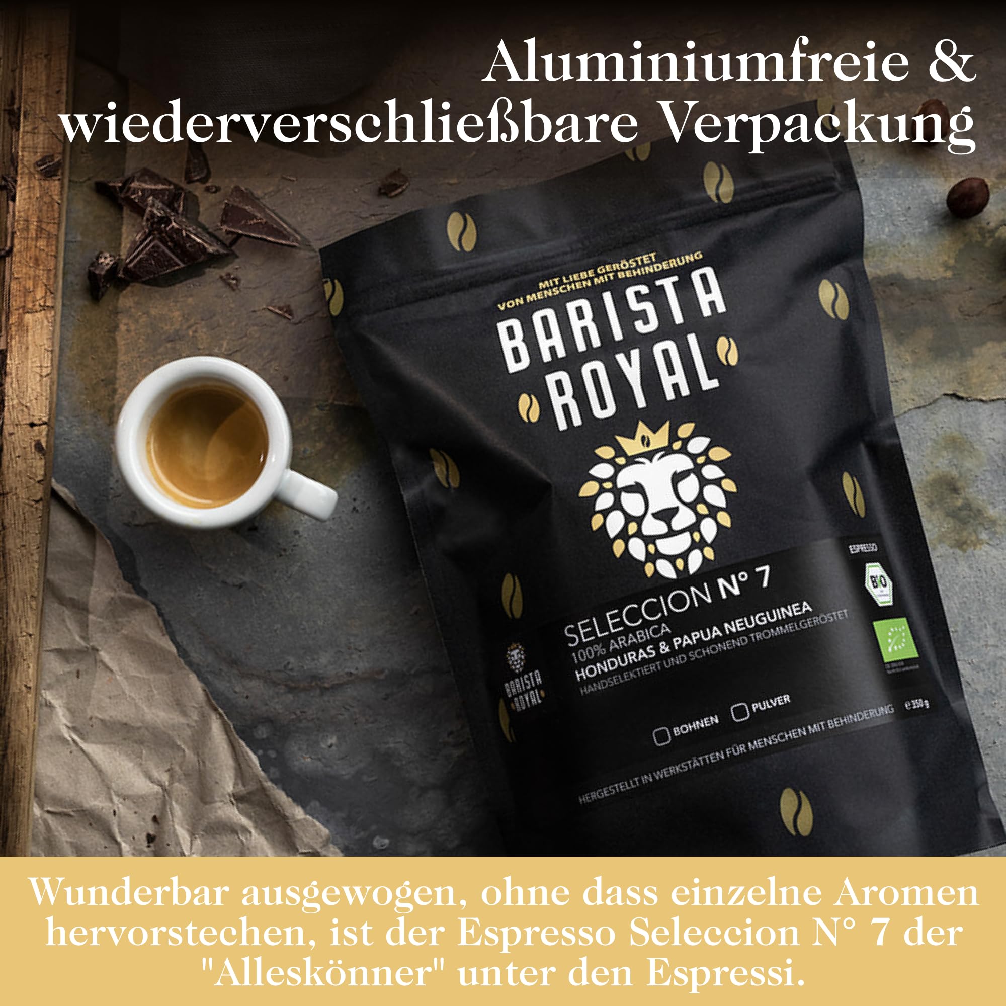 BARISTA ROYAL Bio ziarna espresso 1 kg "Seleccion No.7" | świeże ziarna kawy bezpośrednio z Papua Neuguinea & Honduras | 100% całych ziaren Arabica Espresso | Idealne do w pełni automatycznych ekspresów i sitków