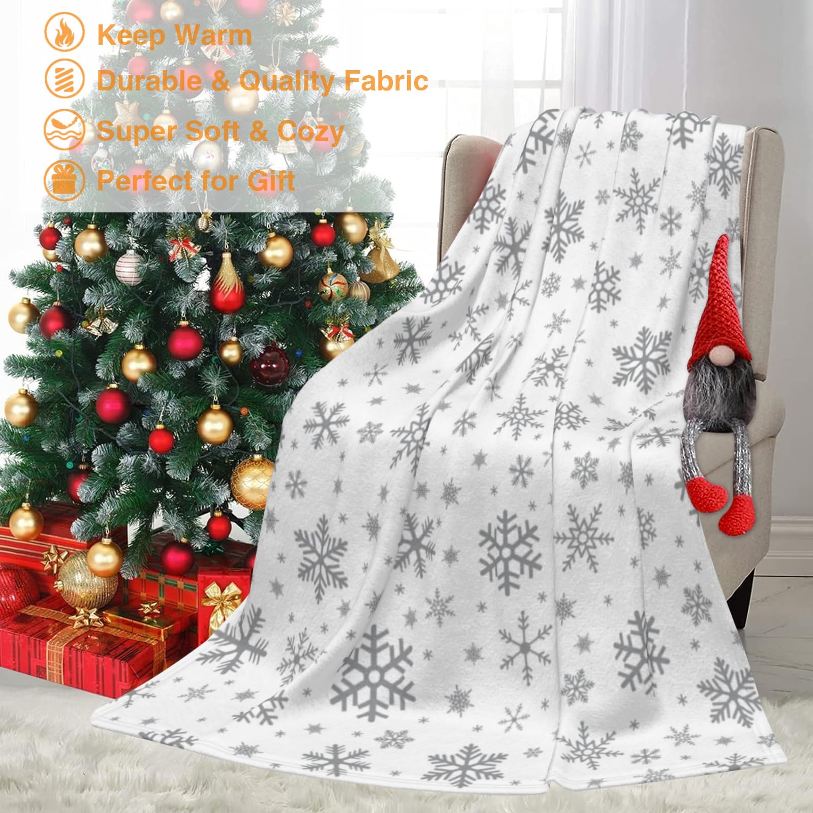 JOOCAR Grey Snowflake Throw Blanket Winter Merry Christmas White Blanket Cozy Soft Lightweight Flannel Plush Blankets for Bed Couch Living Room Sofa Chair,40x50 Inch - Image 4