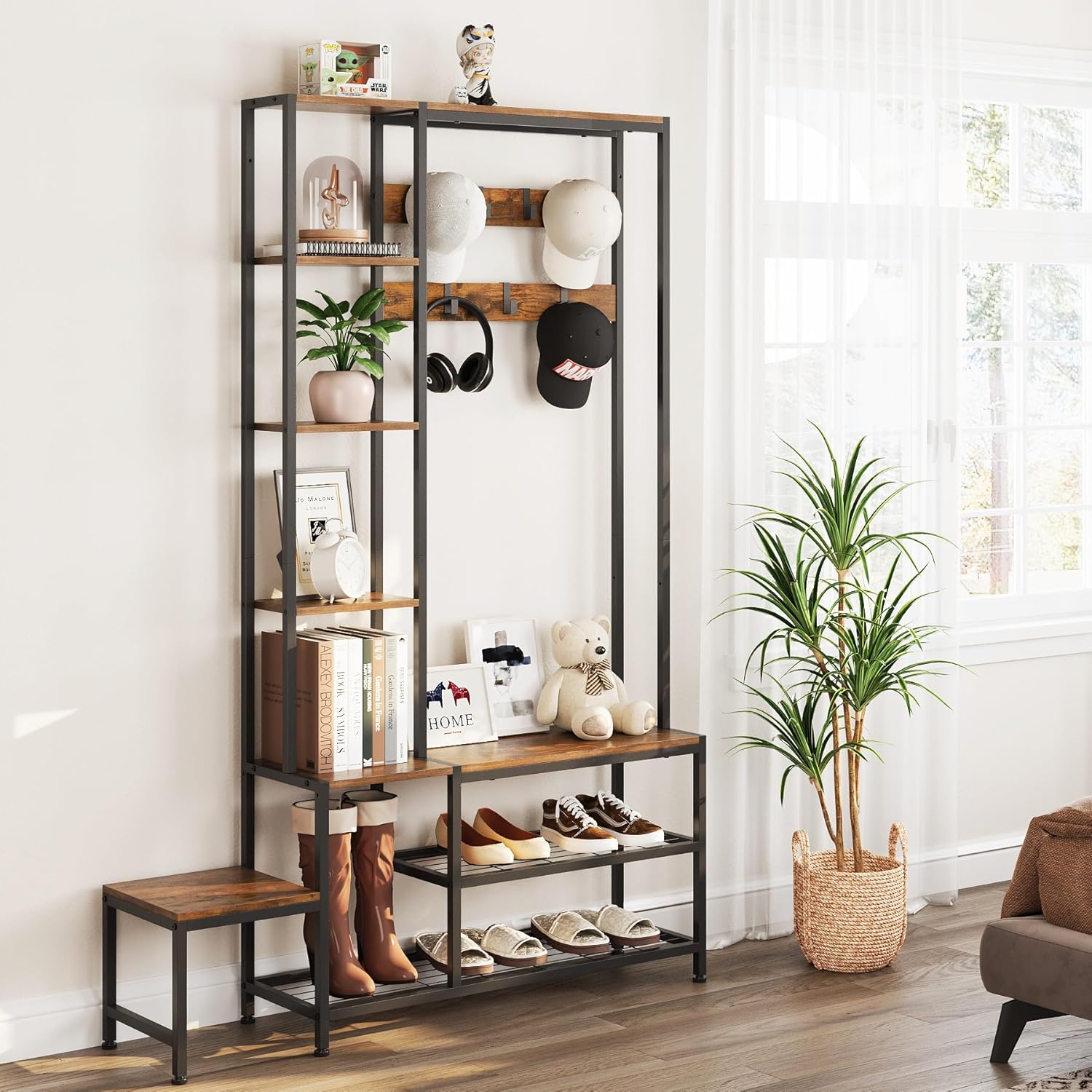 Hall Tree with Shoe Storage Bench Coat Rack with 7 Hooks Interchangeable 4 Tier Side Storage Shelves Small Cute Side Bench Industrial 5-in-1 Entryway Coat Rack for Hallway Mudroom Bedroom