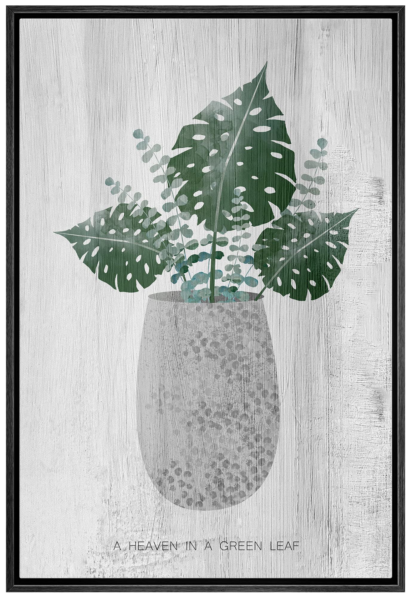 IDEA4WALL Framed Canvas Print Wall Art Swiss Cheese Monstera Leaves in a Ceramic Vase Nature Plants Illustrations Modern Art Rustic Colorful Pastel for Living Room, Bedroom, Office - 24"x36" Black