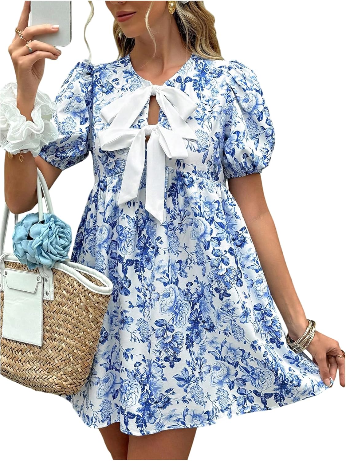 Floerns Women Bow Puff Sleeve Floral Summer Babydoll Dresses