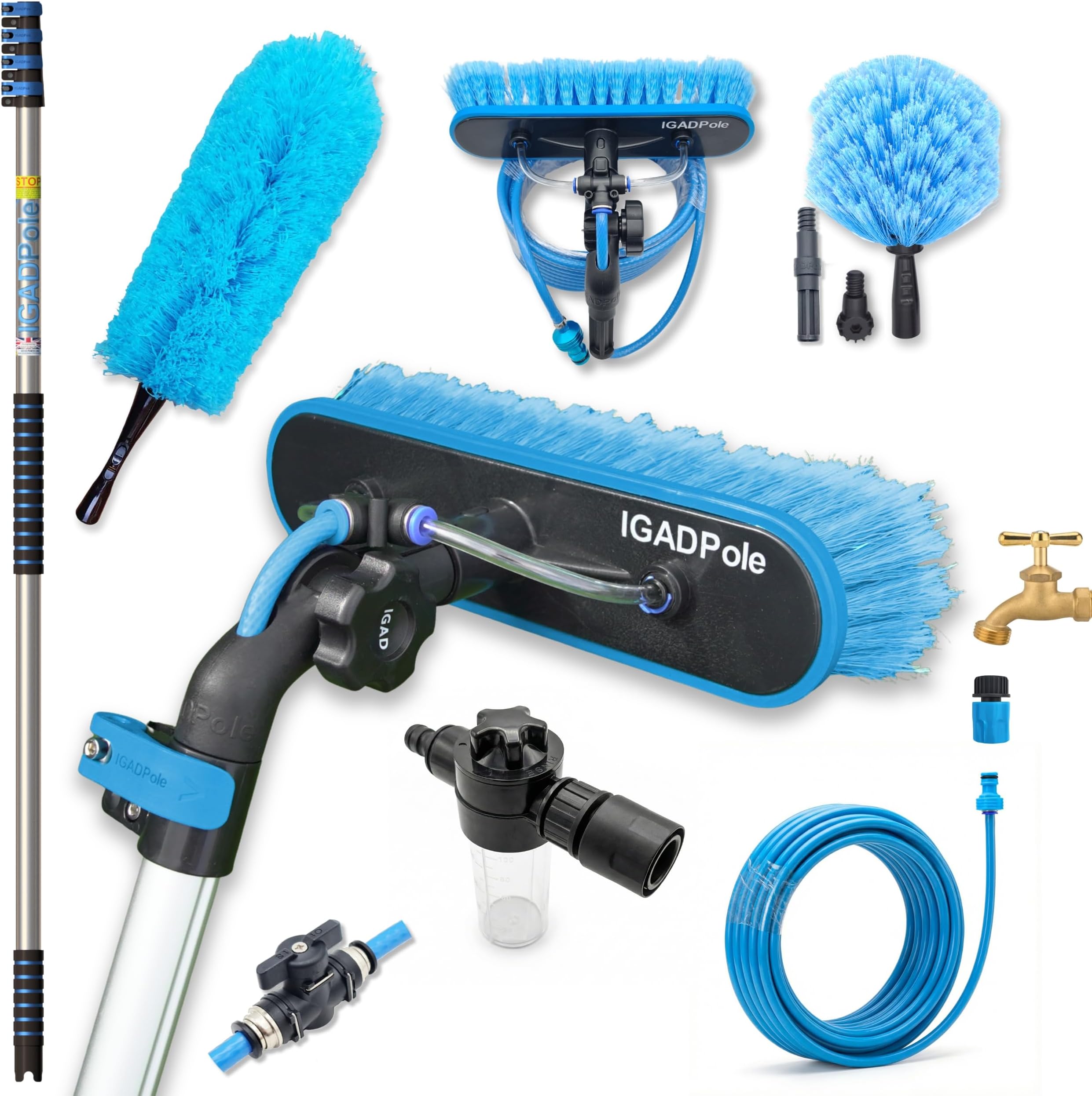 IGADPole 17 FT Water-Fed Cleaning Kit – Extendable Telescopic Pole with Soap-Dispenser, Brush & Cobweb Duster, Adjustable 5-17 FT Handle for Safe High Window, Gutter, Solar Panel & Exterior Cleaning