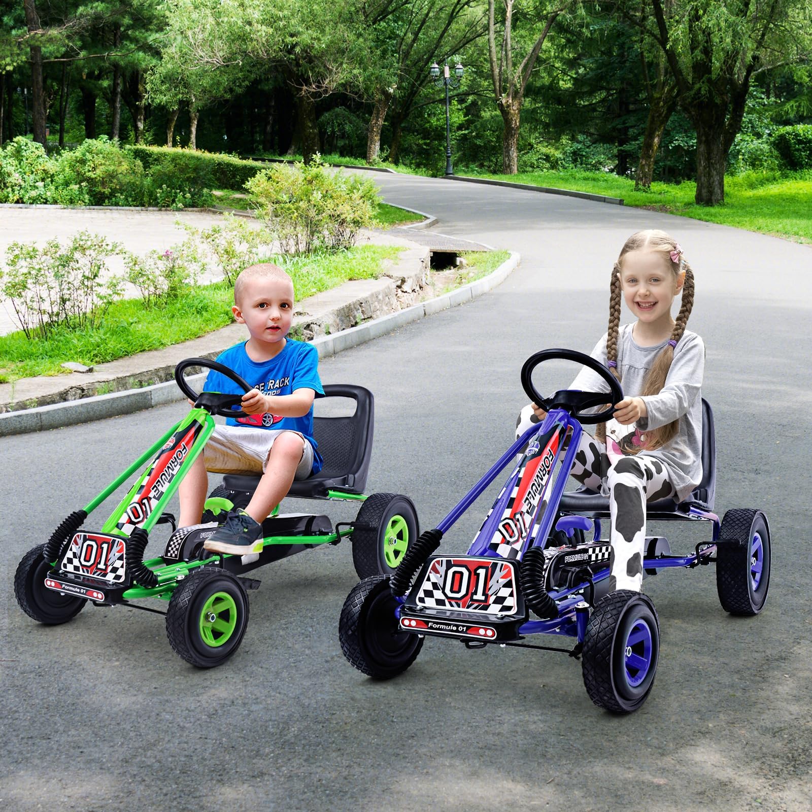 RELAX4LIFE Go Kart para Niños con Asiento Ajustable en 2 Niveles, 2 Pedales Antideslizantes y Freno de Mano, Coche de Pedales de PP con Ruedas de Goma, Adelante y Atrás, 101x61x62cm (Azul)