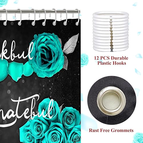 Miniatura 4 de Juego de 4 cortinas de ducha con diseño de rosa verde azulado, Thankful Grateful Blessed Turquoise con alfombra antideslizante, cubierta para tapa