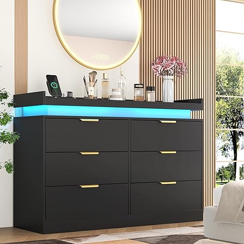 6 Drawer Dresser for Bedroom, Black Dresser with LED Lights and Power Outlet, Modern Chest of Drawers for Closet, Double Wide Drawer Organizer Cabinet for Bedroom, Living Room, Entryway, Hallway