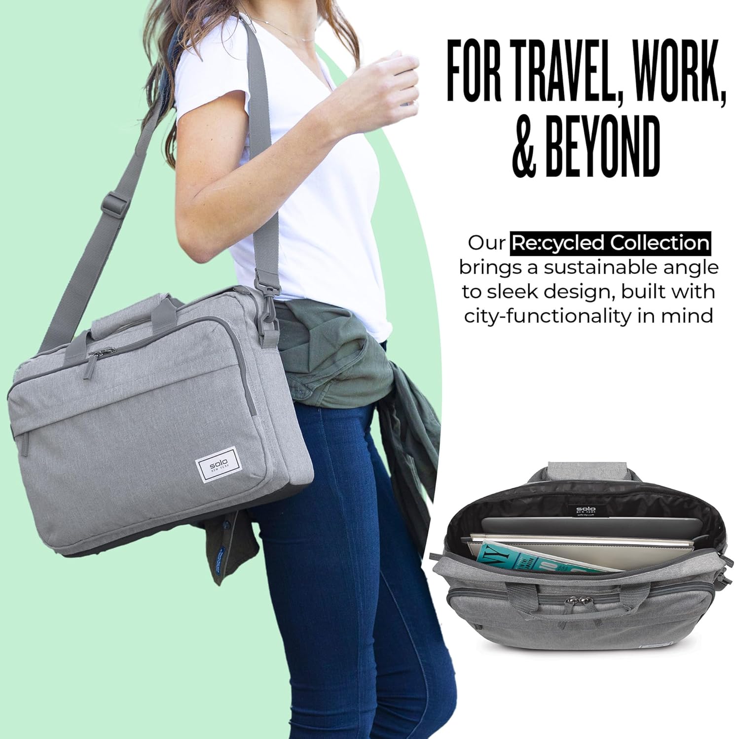 Solo New York Briefcase - Laptop Carrying Bag for Women & Men, Brief for Travel & Work, Front Zippered Pocket, Adjustable Shoulder Strap, Fits 15.6" Computer - Re:New, Gray - Image 4