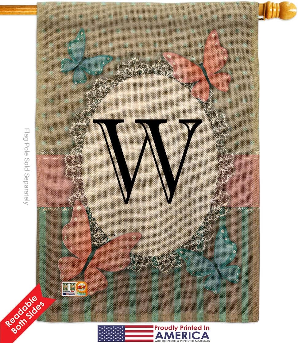 Butterflies W Initial Burlap House Flag Monogram Garden Friends Butterfly Ladybugs Dragonfly Bee Springtime Insect Natural Wildlife Small Decorative Gift Yard Banner Double-Sided Made In USA 28 X 40