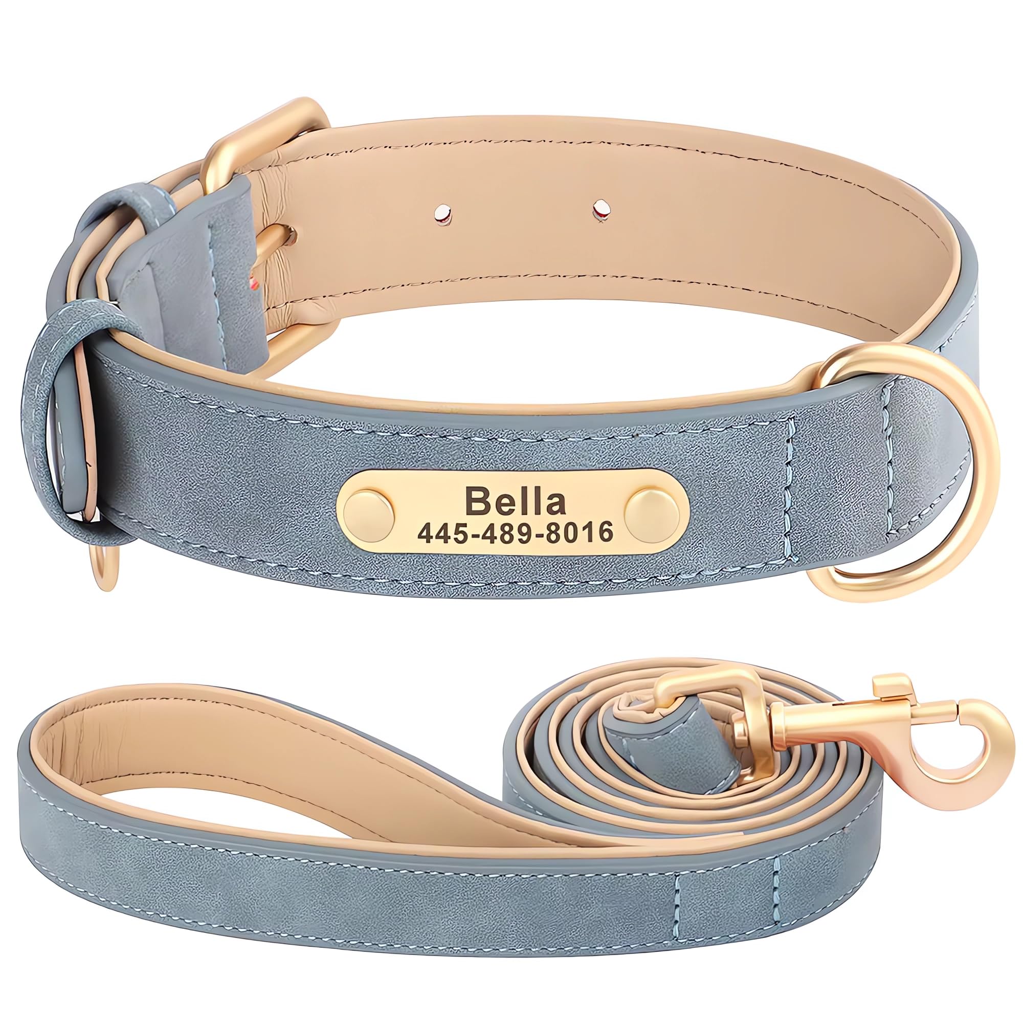 SEOUGEE Personalised Leather Dog Collar and Leash Set, Soft Padded Leather Dog Collars Heavy Duty with Custom Engraved Name Plate Adjustable for Small Medium Large Dogs (S, Slate Blue Set 23-32cm) — image 1