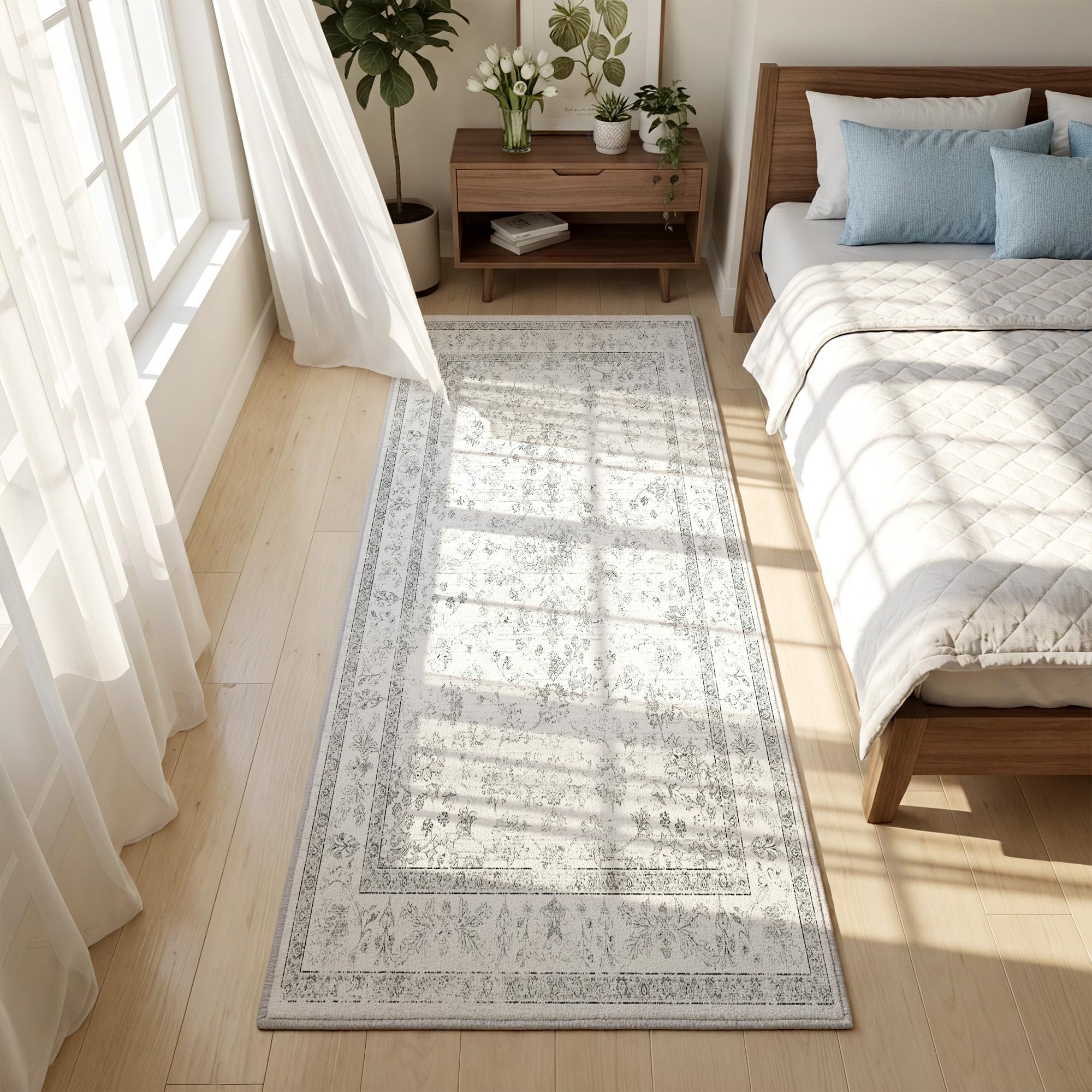 Cliporix Off-White Vintage Area Rug 80 x 150cm, Soft Machine Washable Boho Floral Carpet, Non-Slip Backing, Durable Faux Cashmere, Bedside Rugs for Bedrooms, Soft Short Pile Kitchen Runner Rug